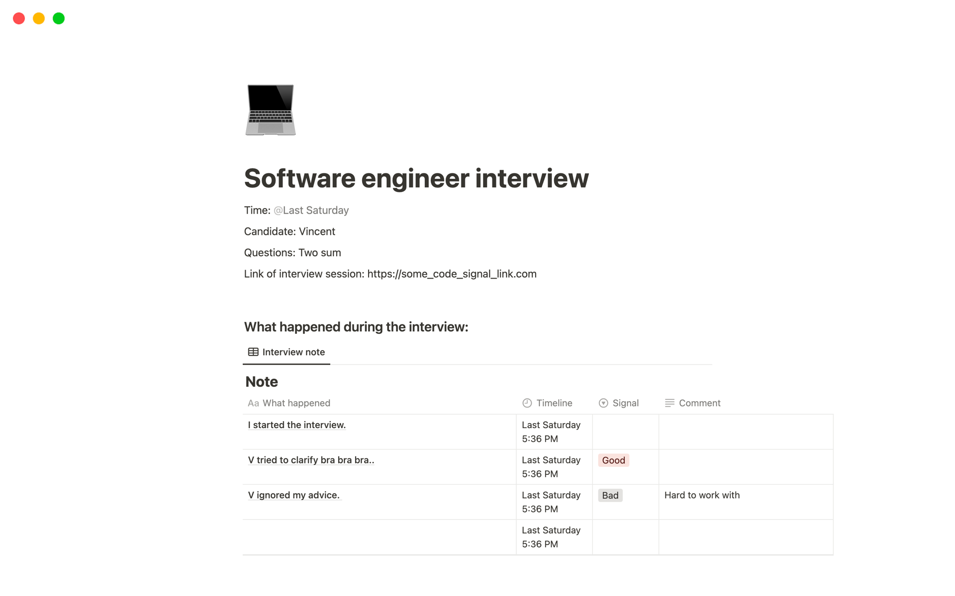A template preview for Software engineer interview