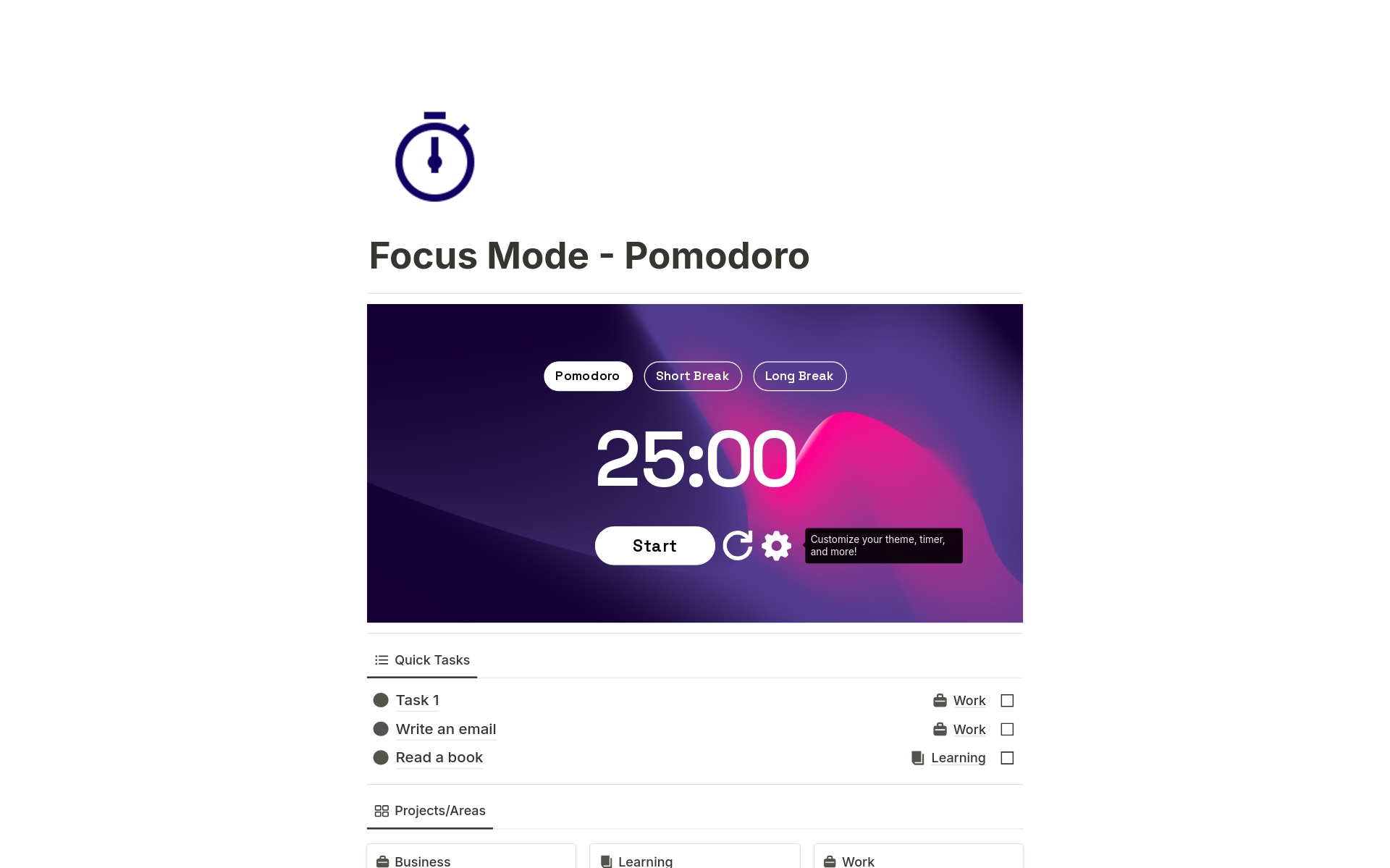 A template preview for Focus Mode - Pomodoro