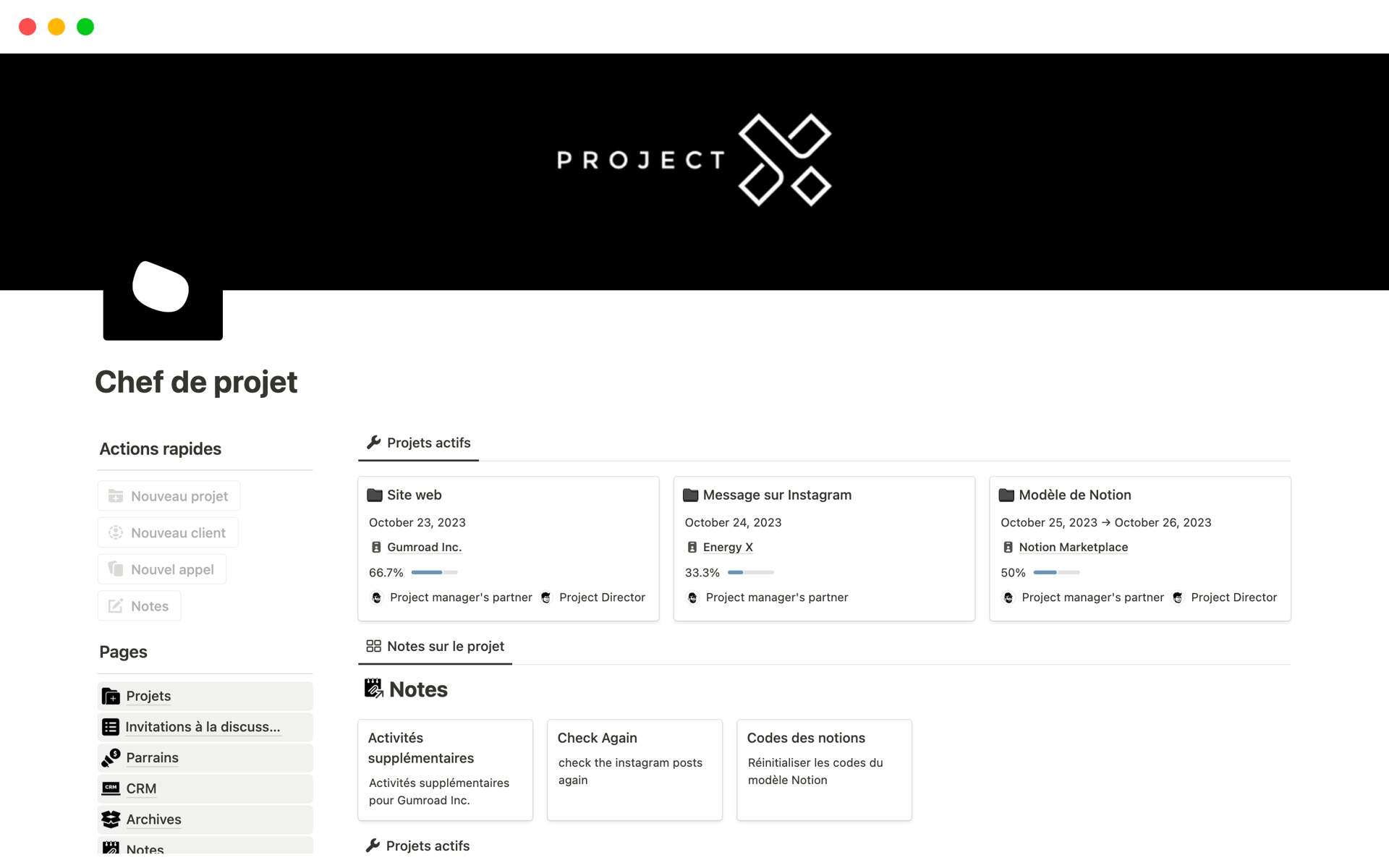 A template preview for Chef de projet