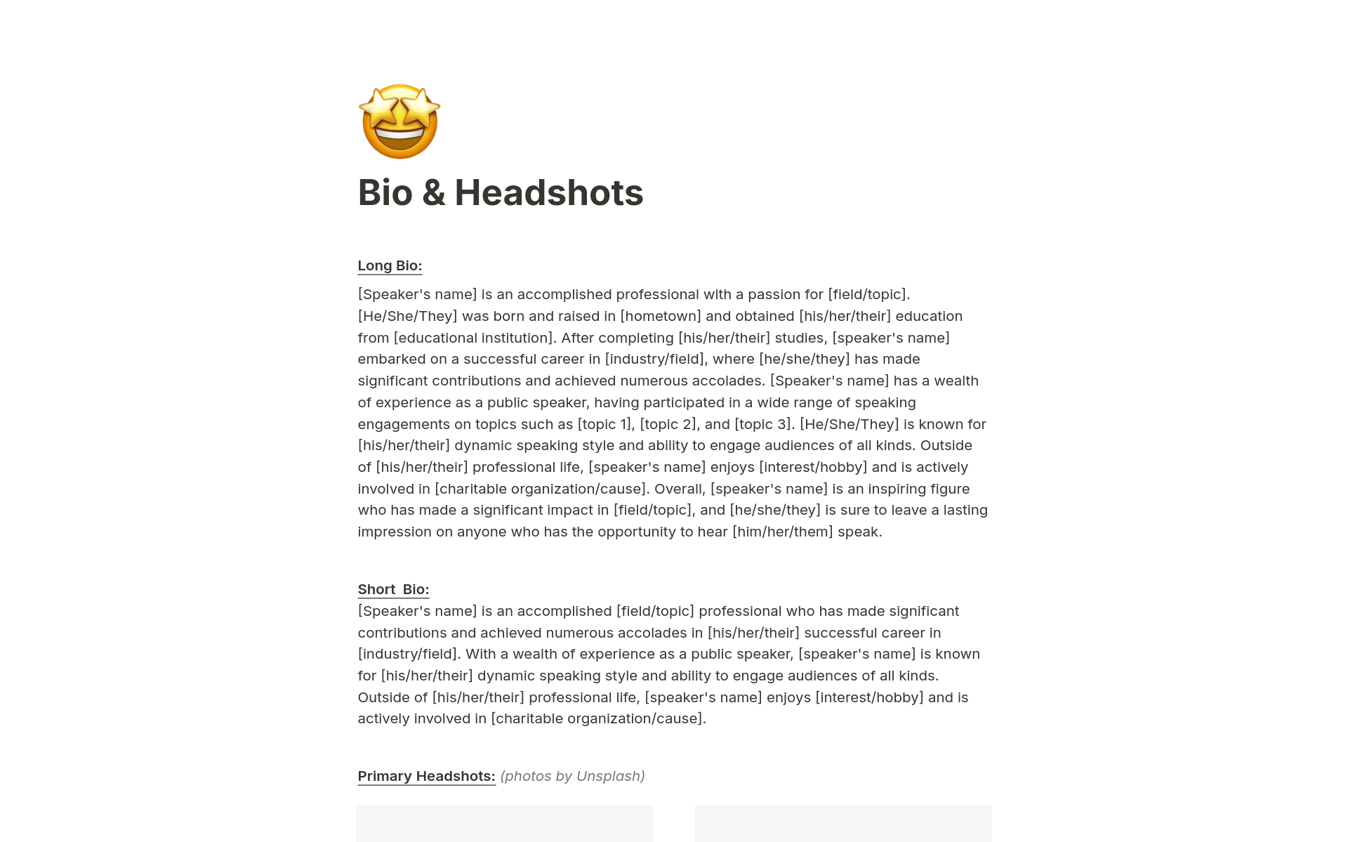 Uma prévia do modelo para Bio & Headshots