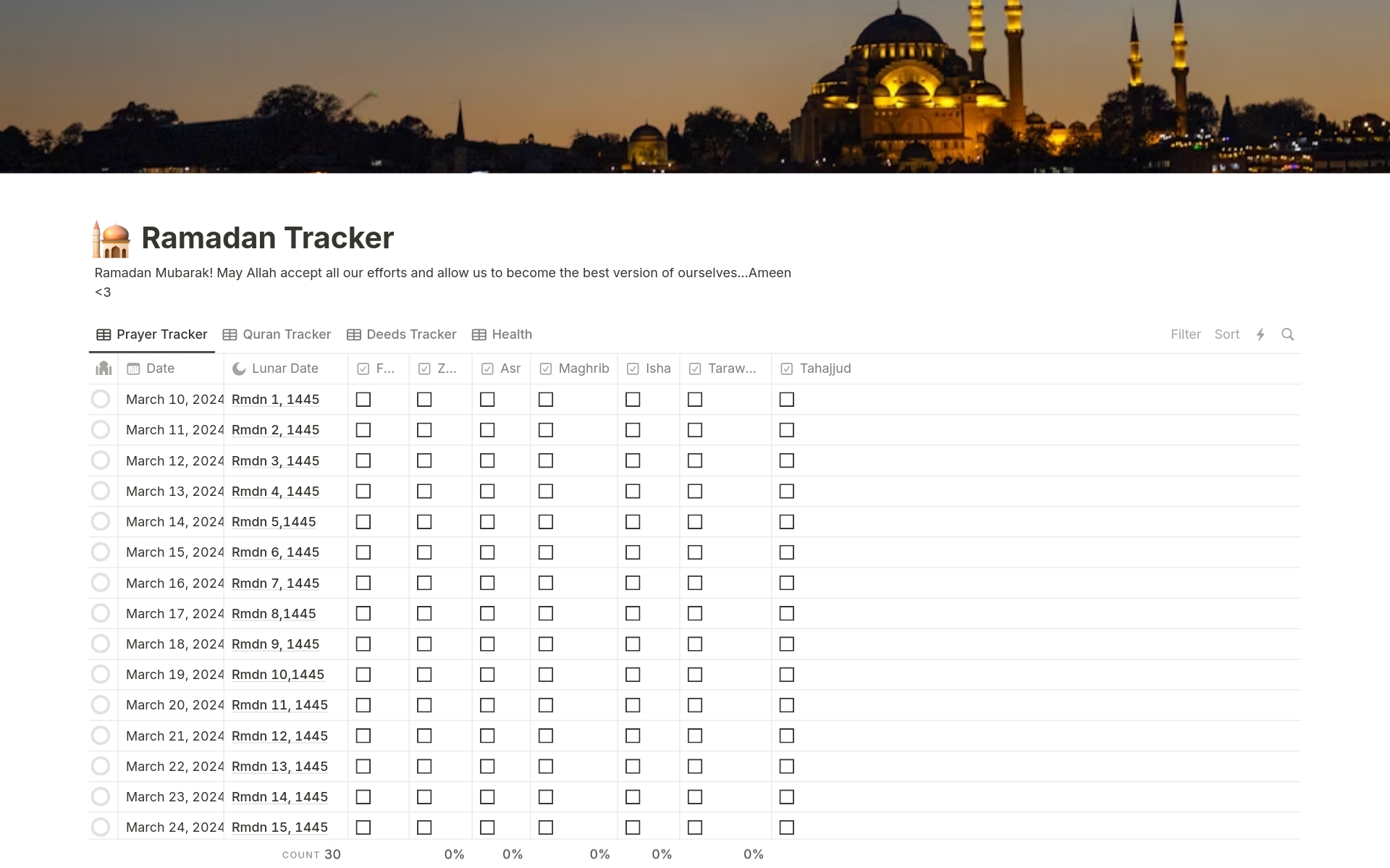 Ramadan habit and deed tracker for 2024