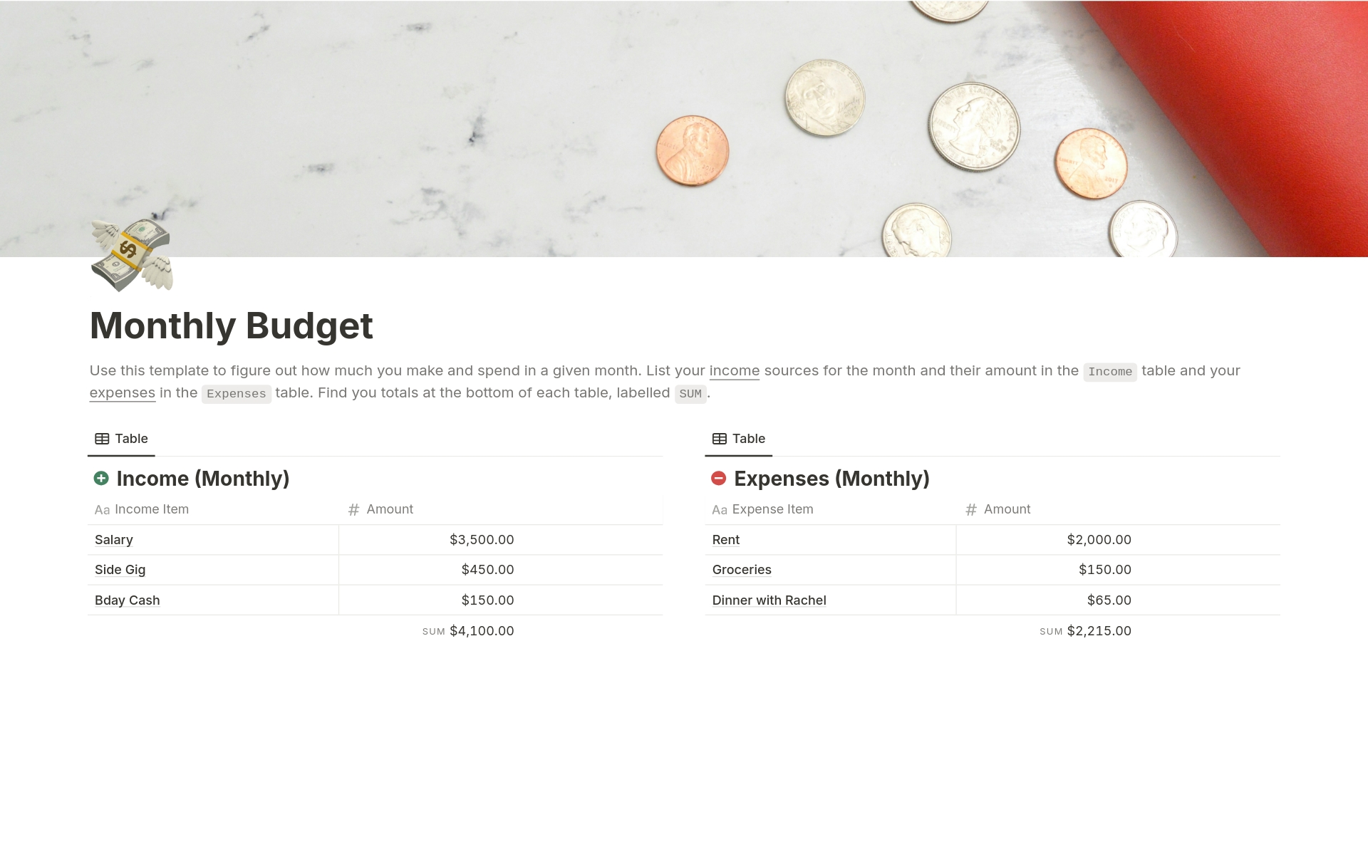 Discover your monthly financial flow with this intuitive budgeting template. Simply list all your income sources and their amounts in the Income table, and track your spending in the Expenses table. Easily find the total sum at the bottom of each table, giving you a snapshot.
