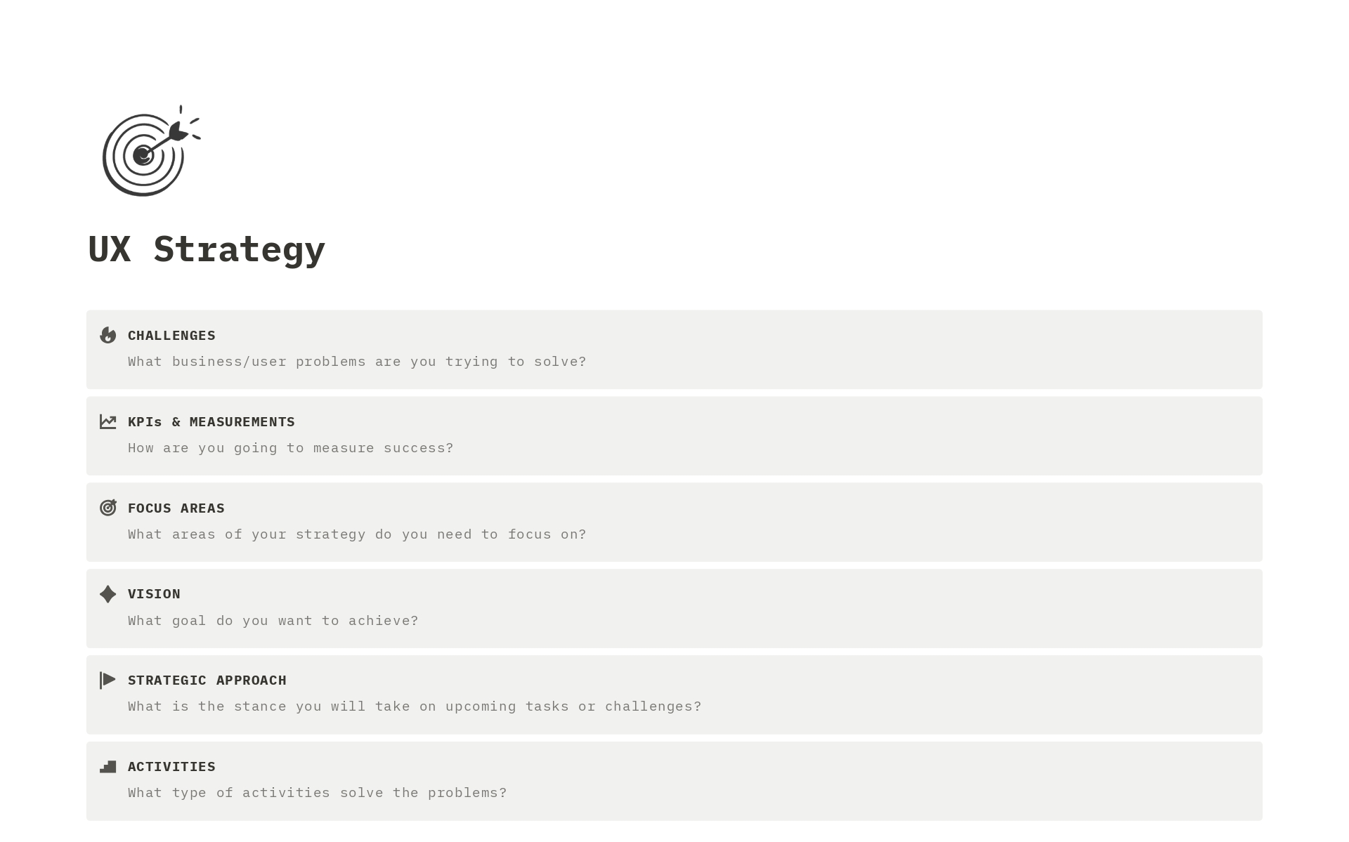 A template preview for UX Strategy