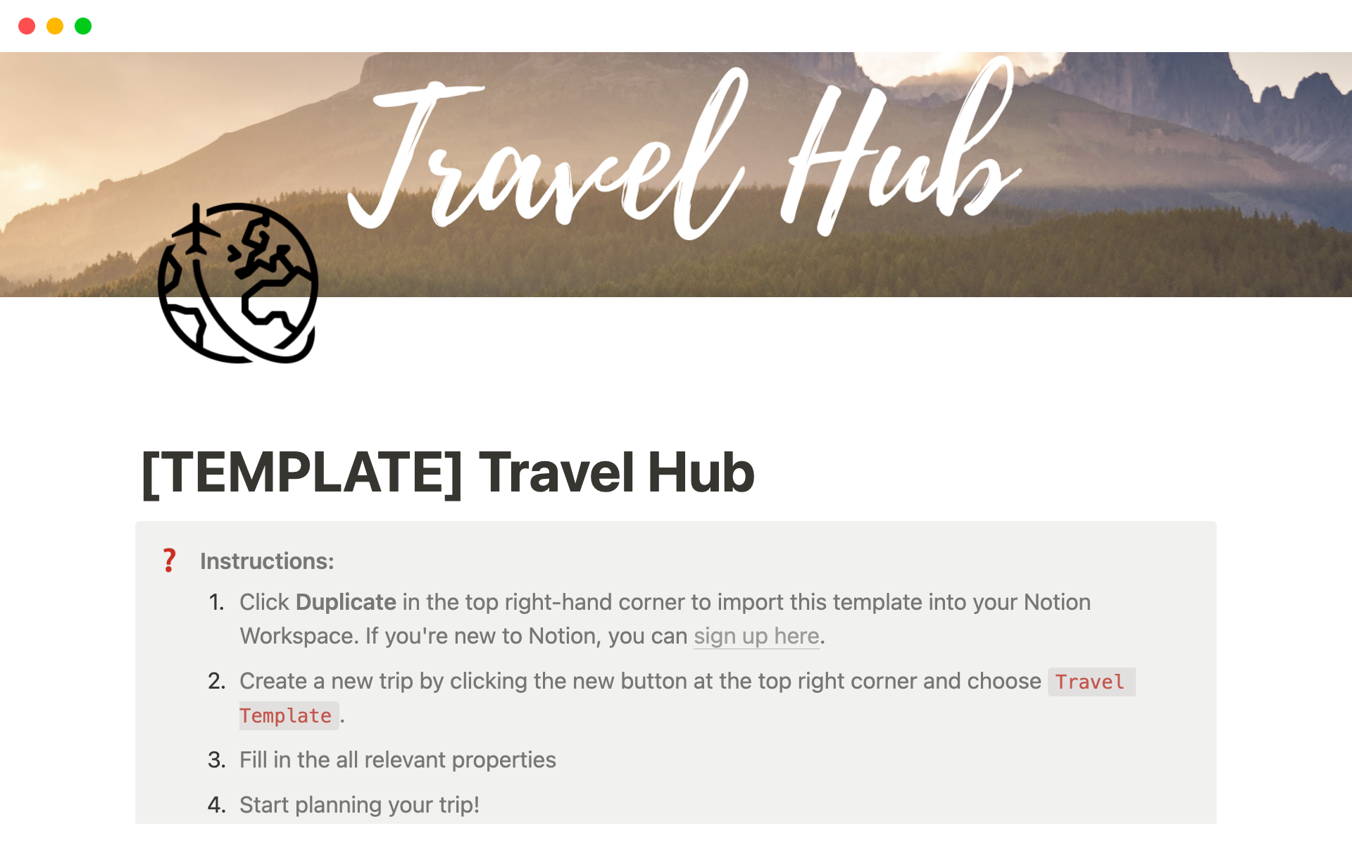 A template preview for Travel Hub | Your All-In-One Travel Planner