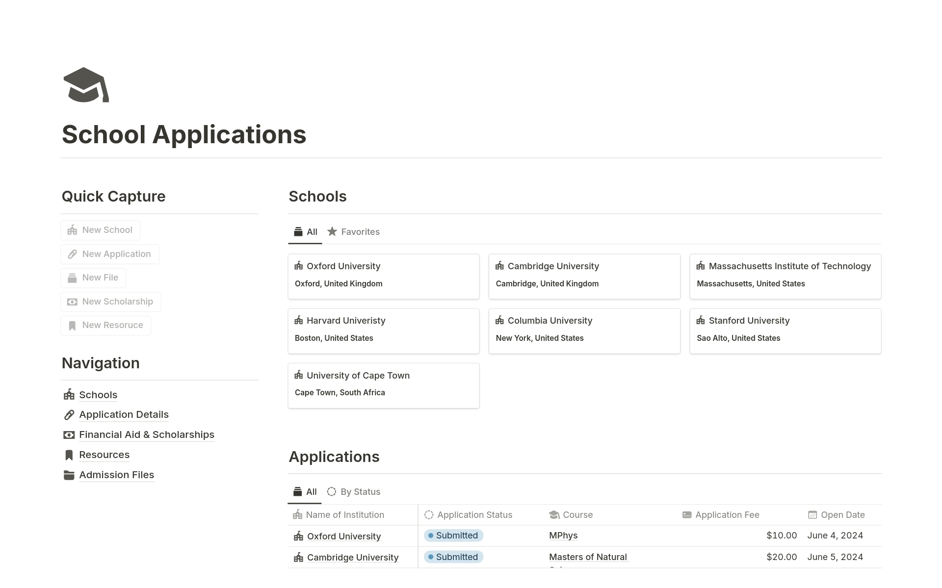 A template preview for School Applications