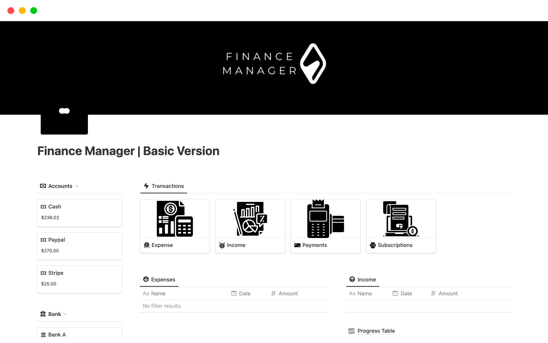 Uma prévia do modelo para Finance Manager | Basic Version