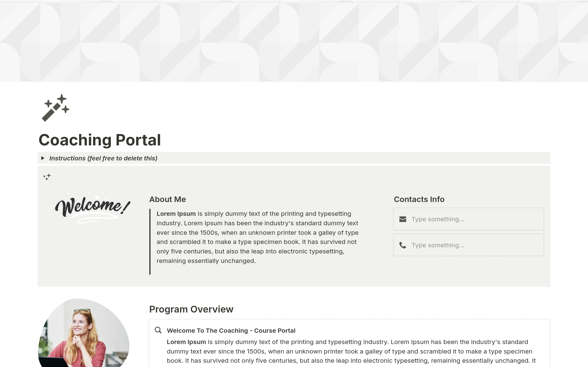 Eine Vorlagenvorschau für Coaching Client Portal
