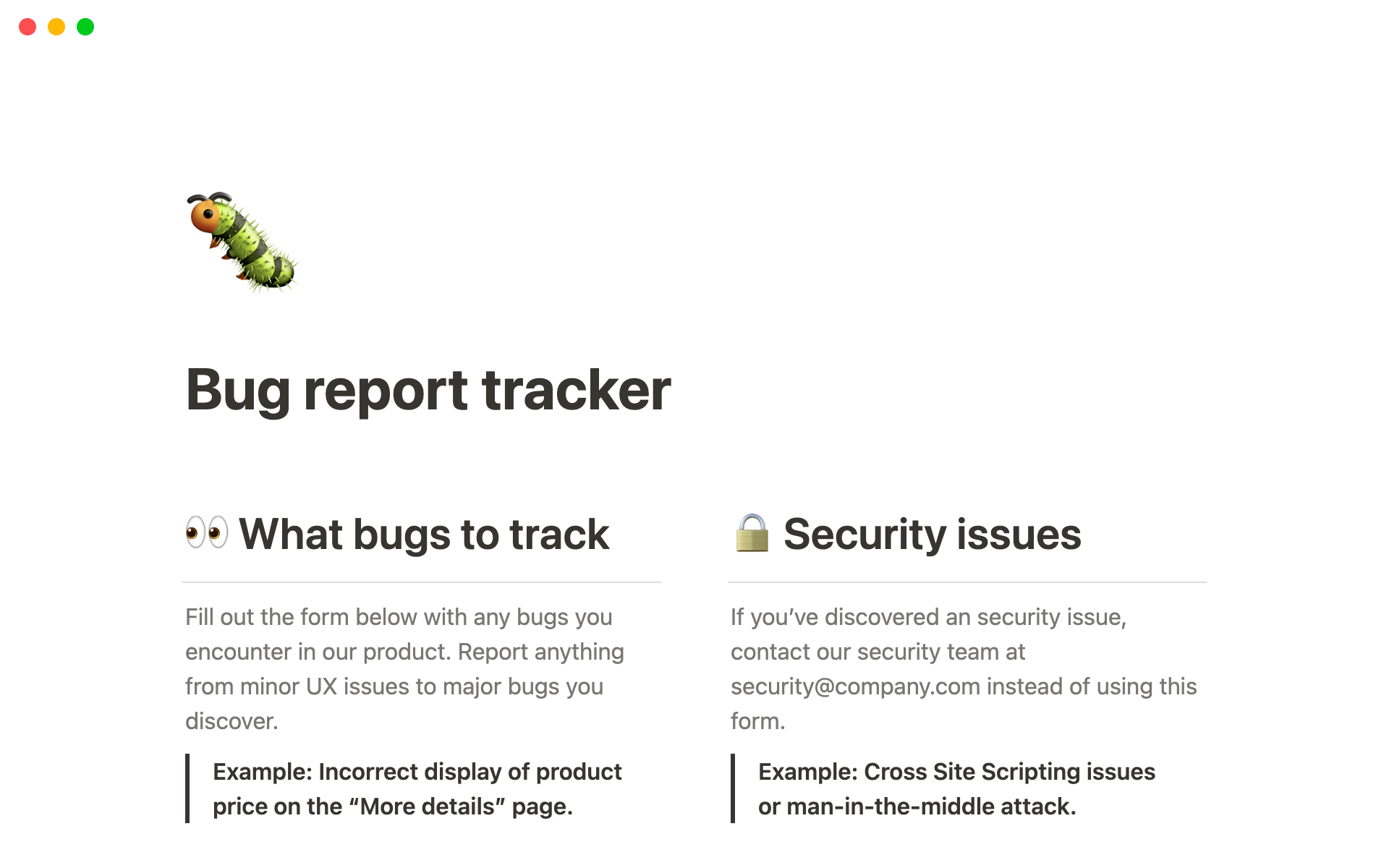 Vista previa de una plantilla para Bug report tracker