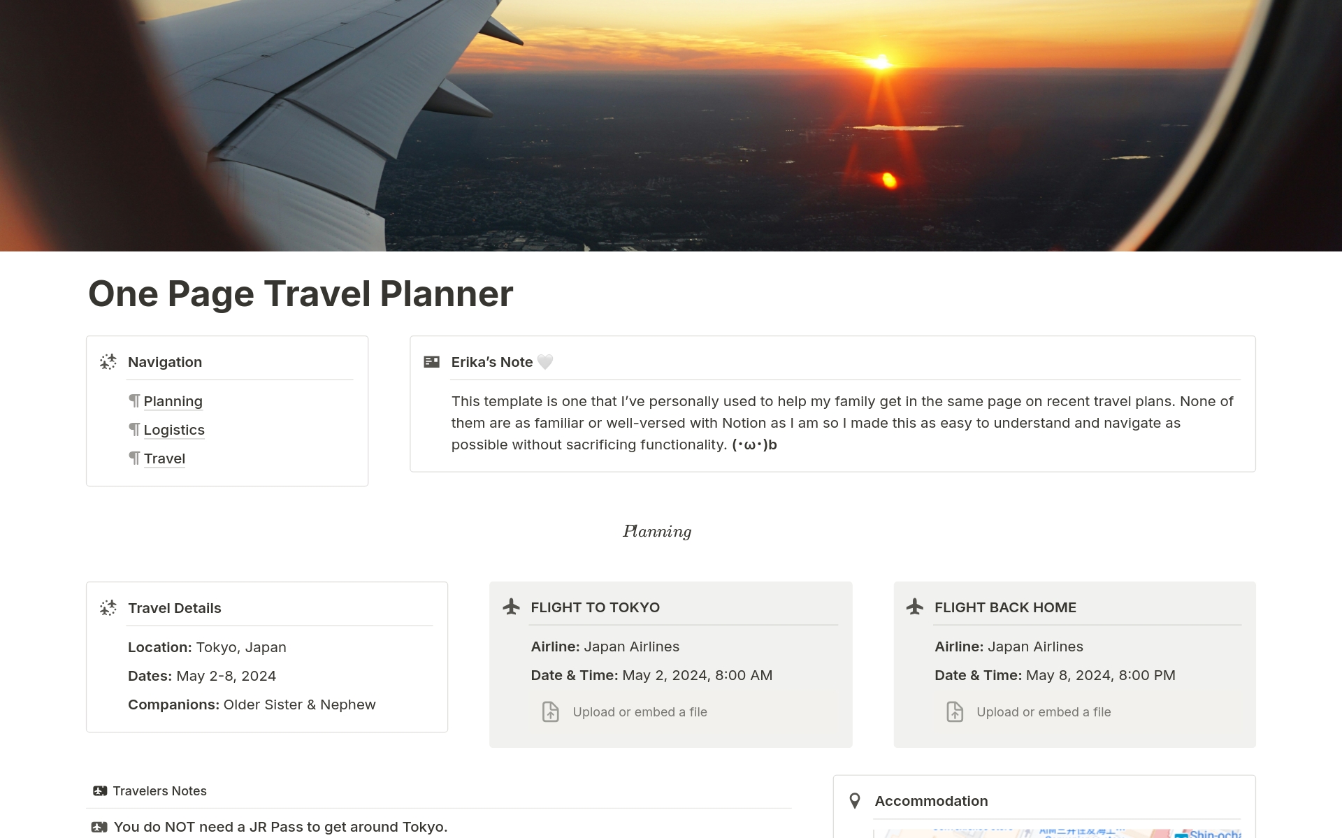 Uma prévia do modelo para One Page Travel Planner