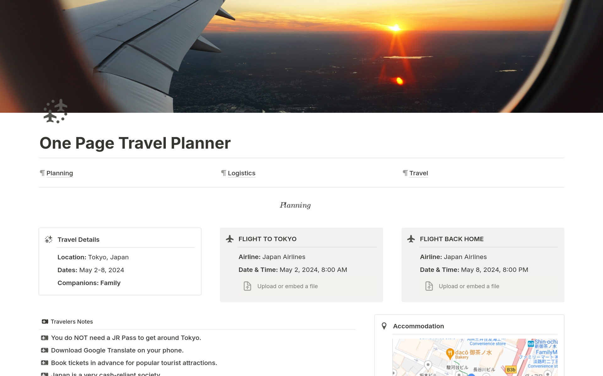 A template preview for One Page Travel Planner