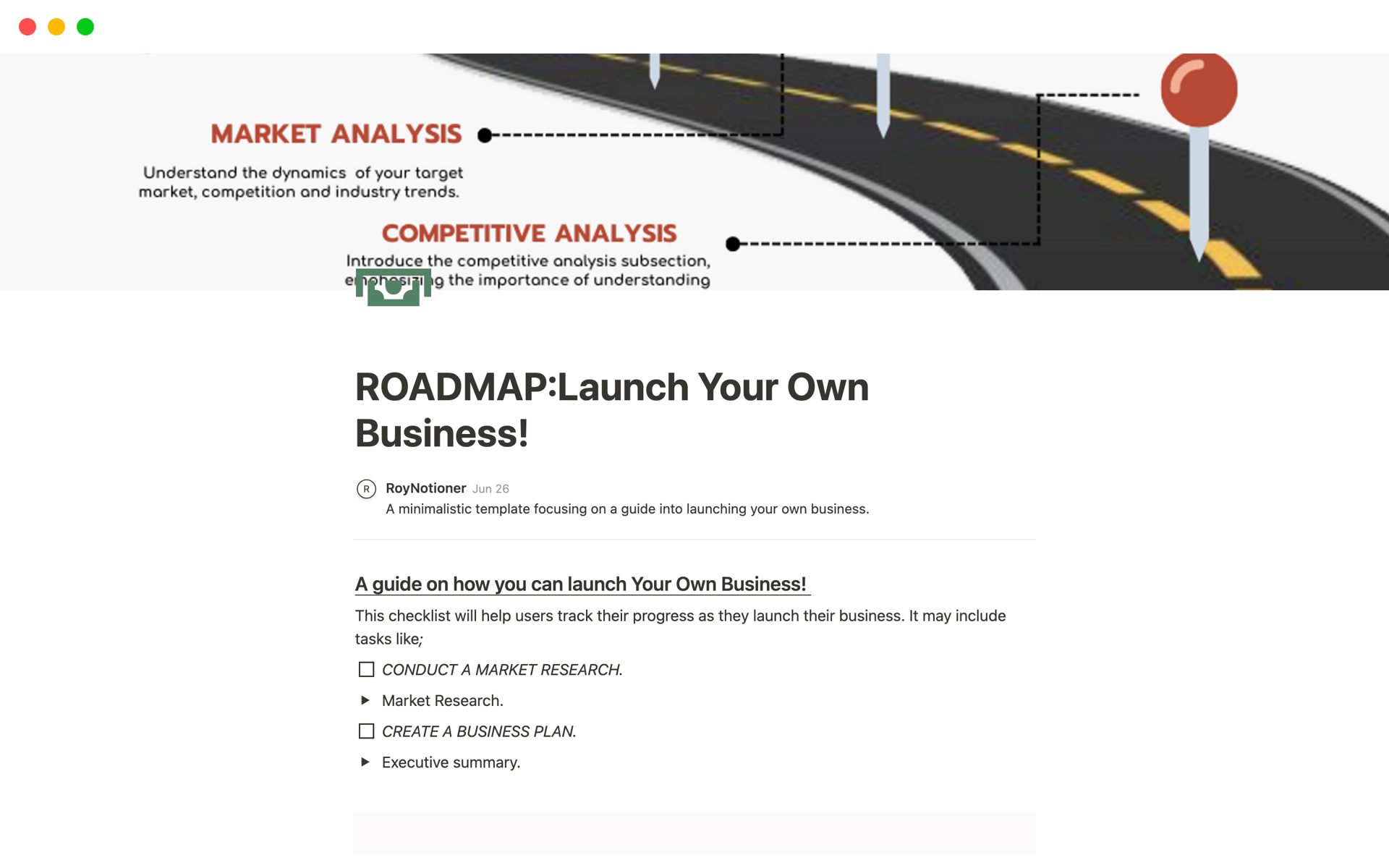 Uma prévia do modelo para ROADMAP: Launch Your Own Business!