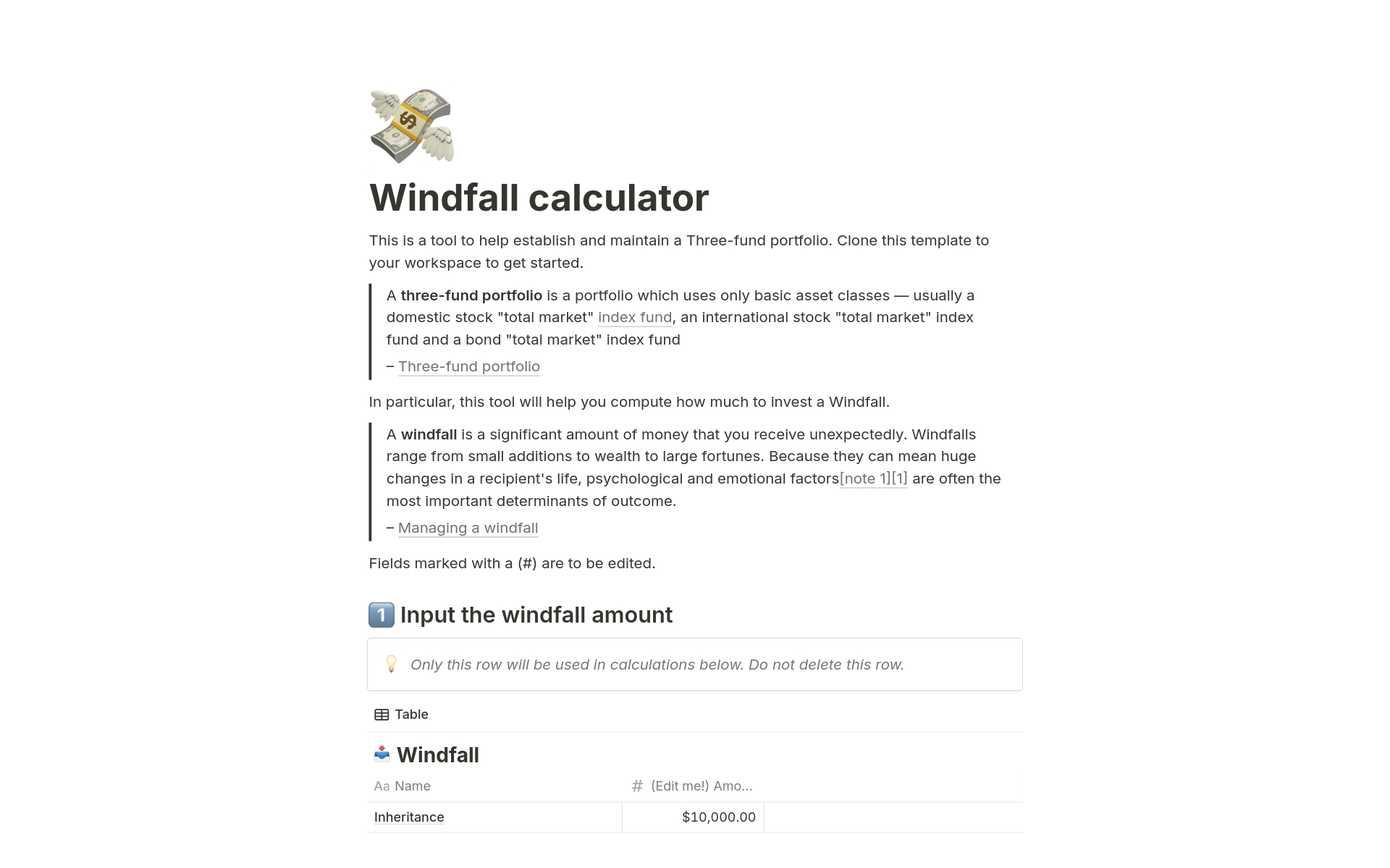 A template preview for Windfall calculator