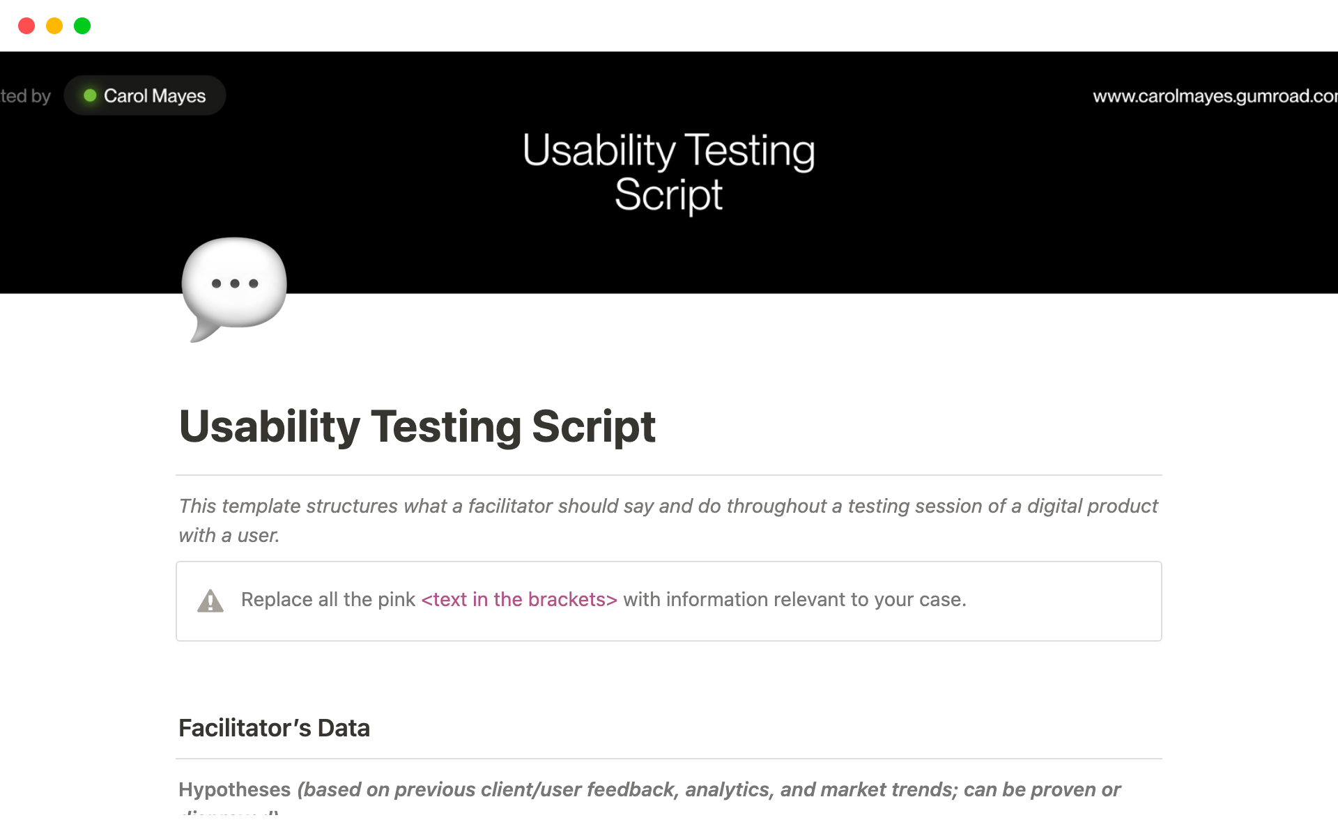 Uma prévia do modelo para Usability Testing Script