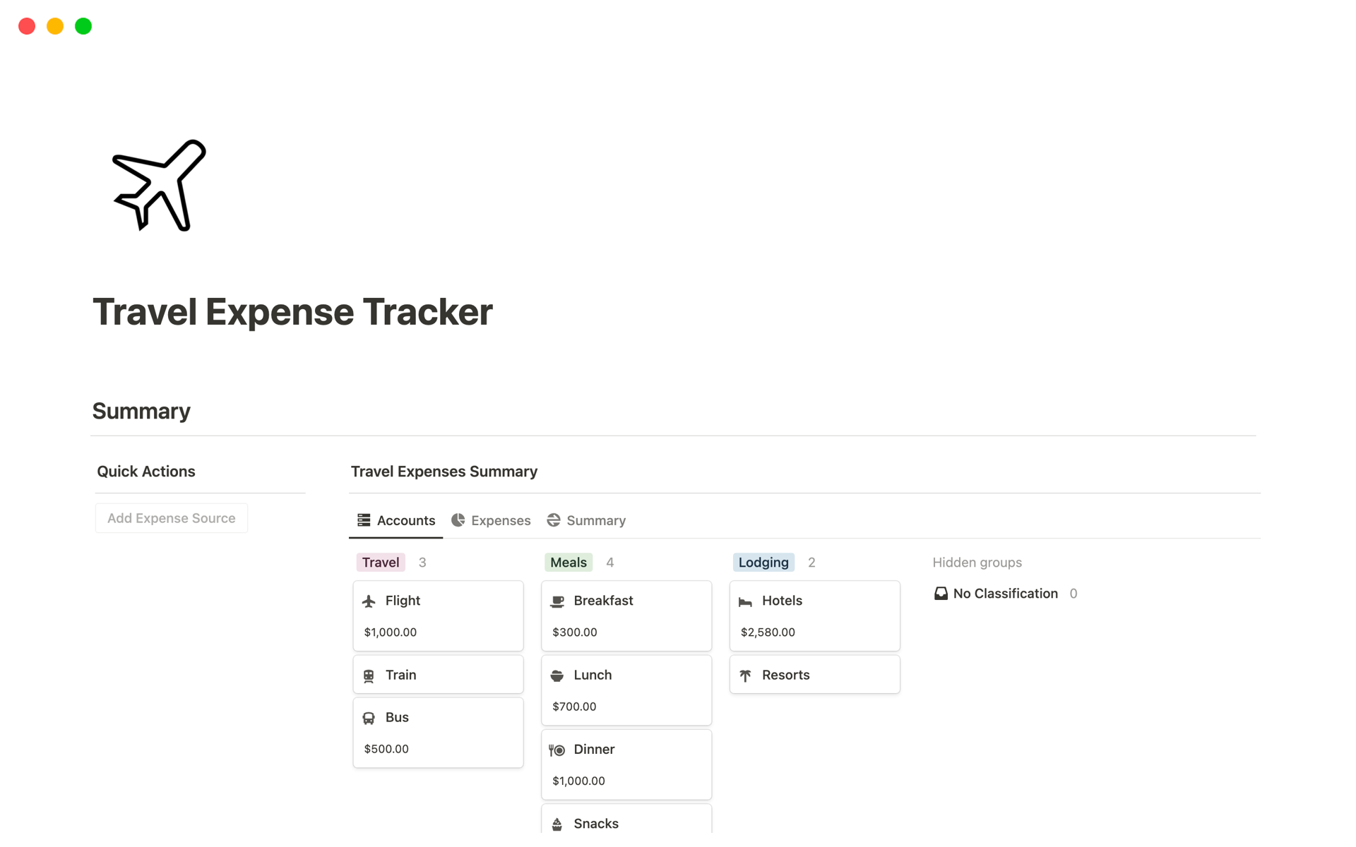 A template preview for Travel Expense Tracker
