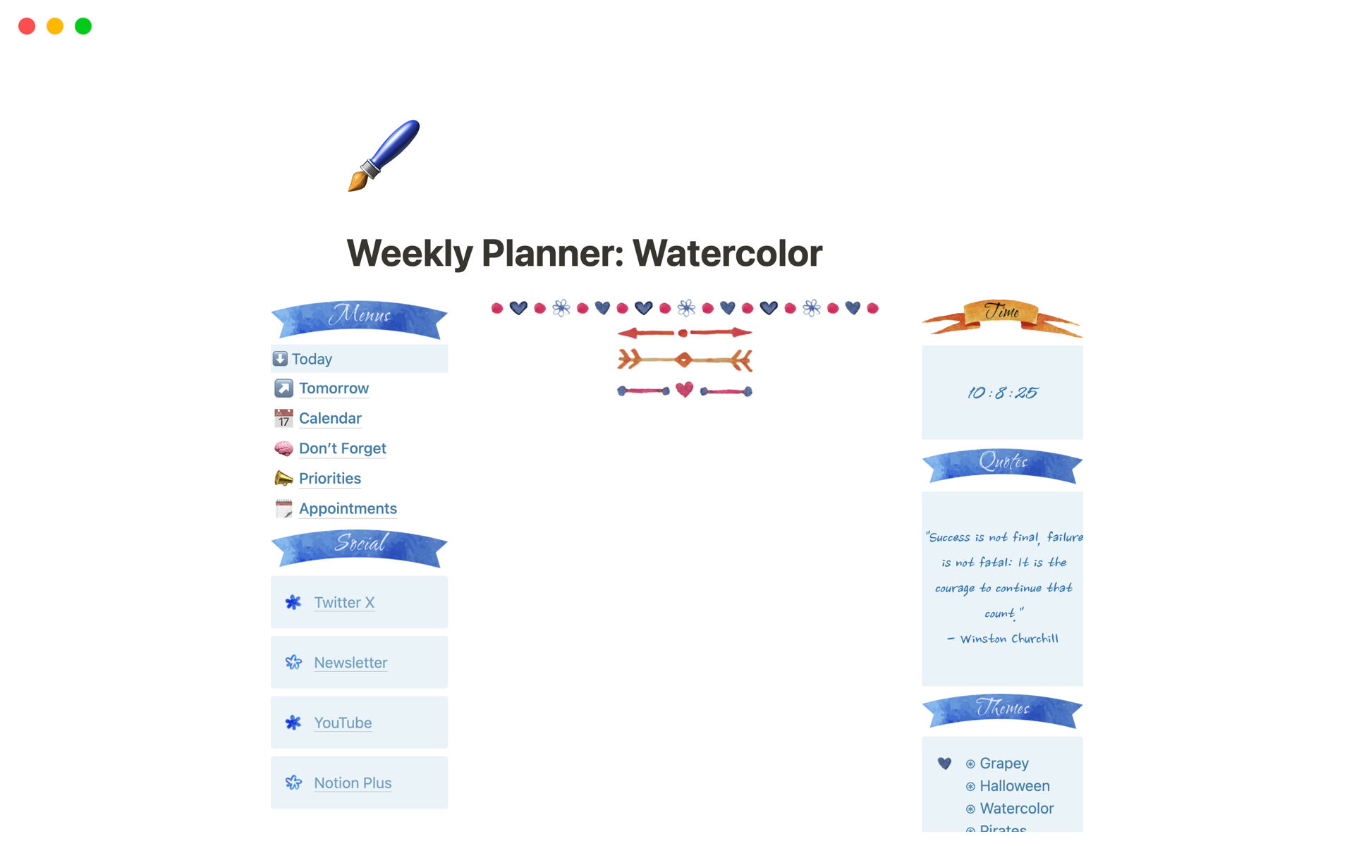 Experience a sweet Notion weekly planner with a watercolor theme.