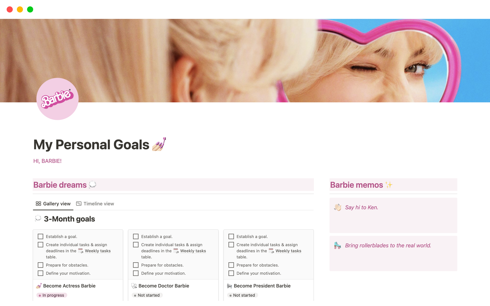 Eine Vorlagenvorschau für Personal Goals Planner | Barbie Aesthetic