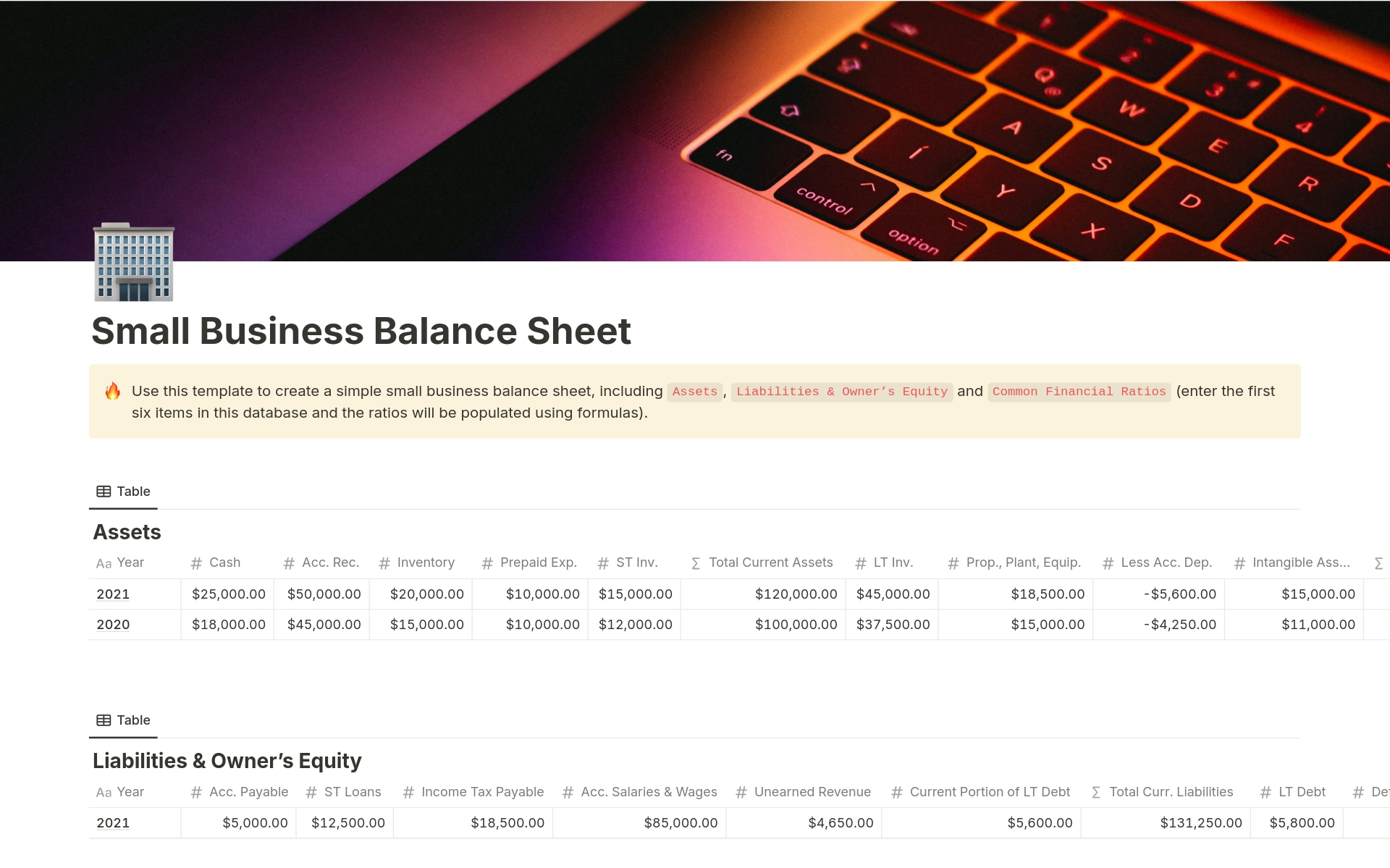 Use this template to create a simple small business balance sheet in Notion.