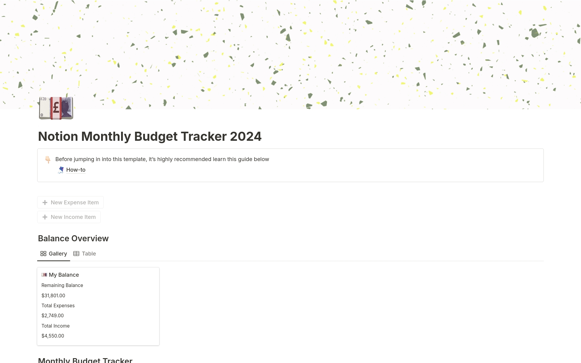 A template preview for Monthly Budget Tracker 2024