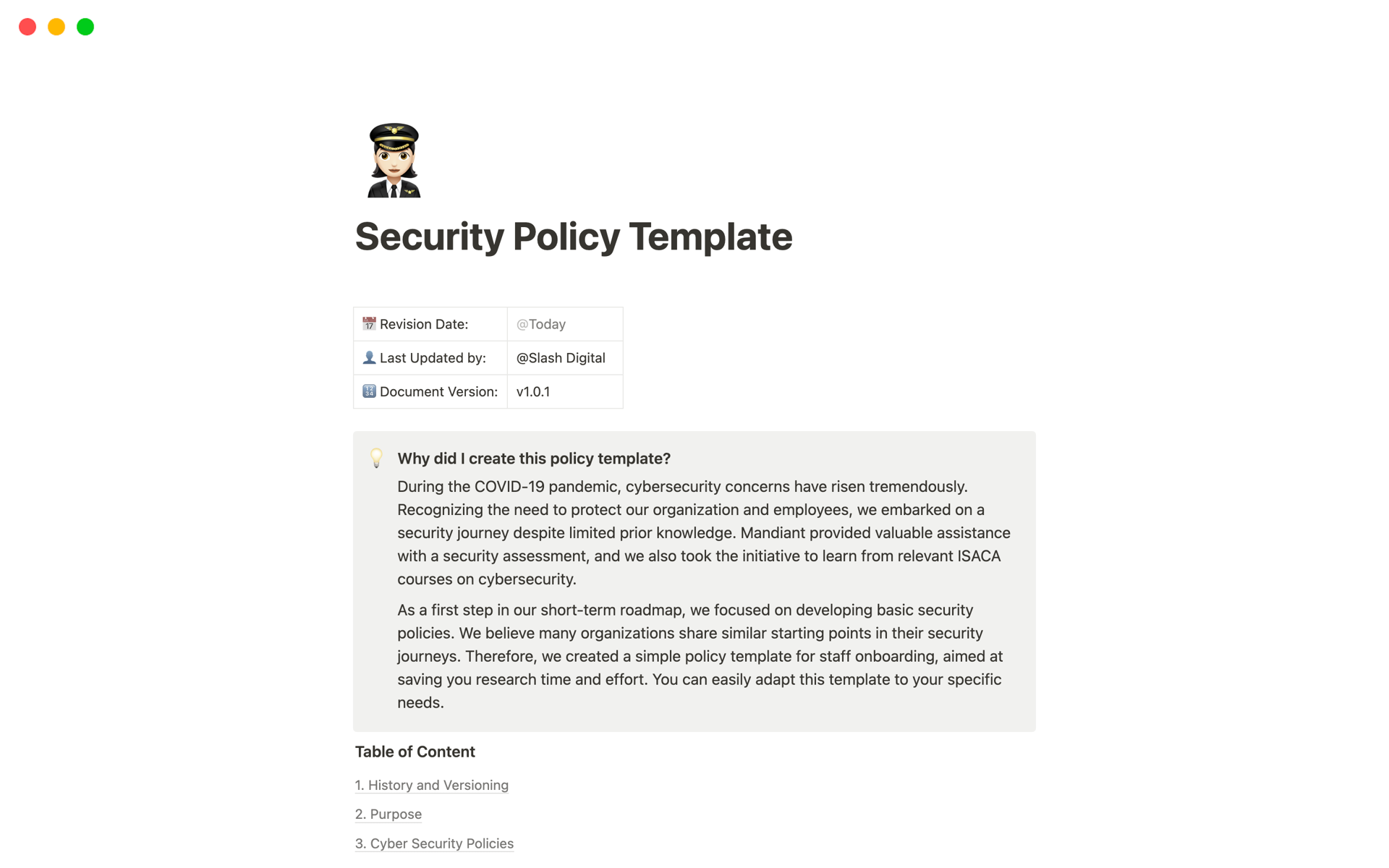 A template preview for Security Policy