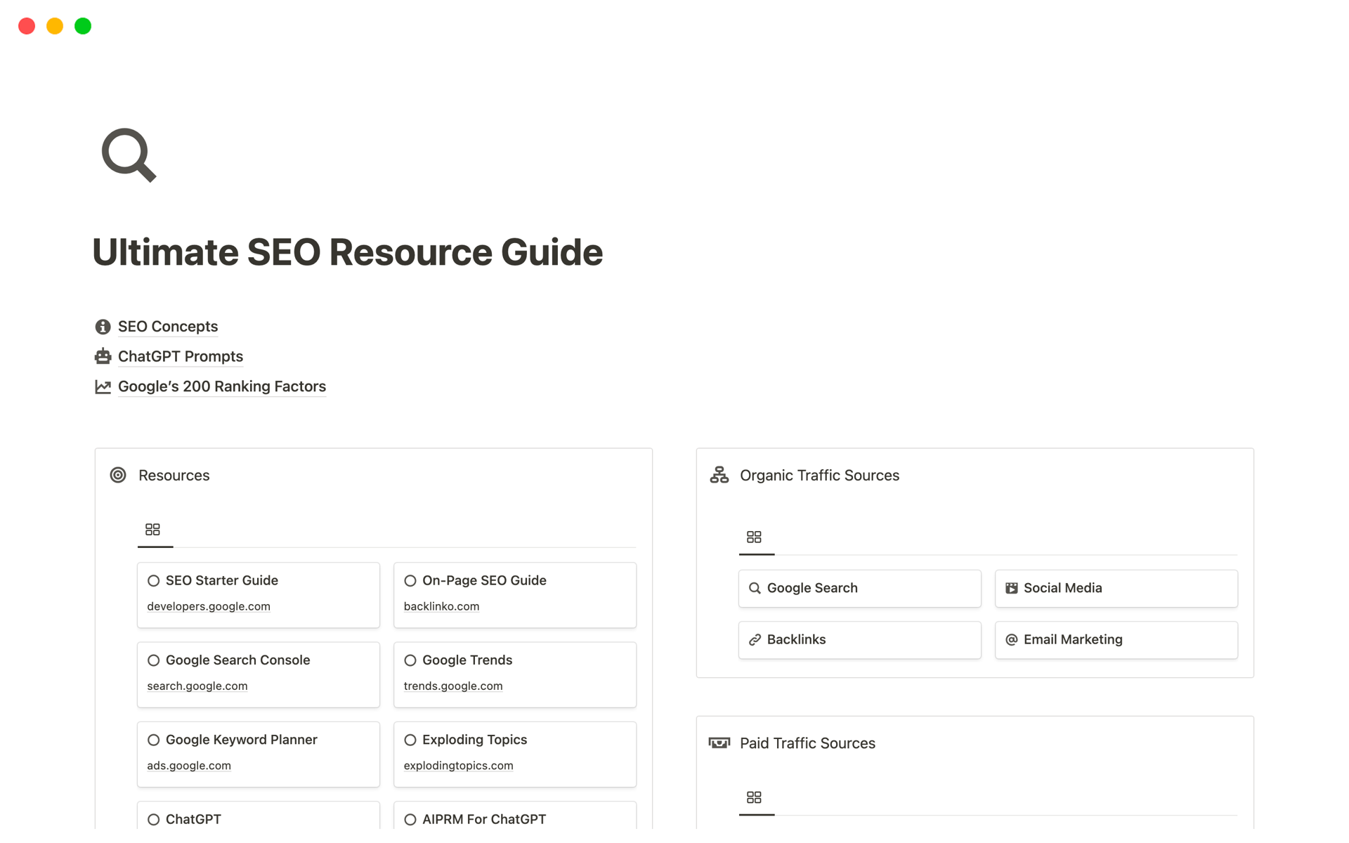 A template preview for Ultimate SEO Resource Guide | Notion Template