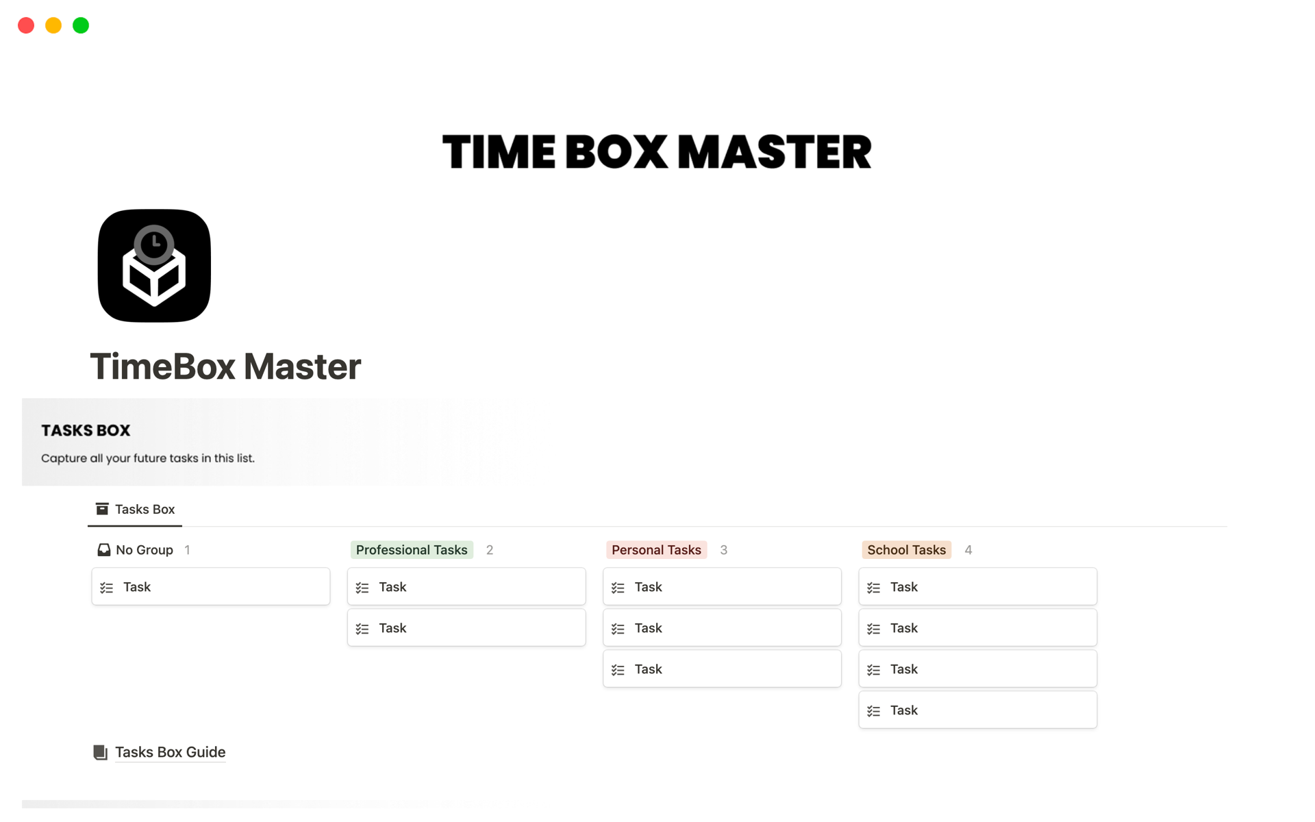 A template preview for TimeBox Master (Weekly/Daily Timeboxing)