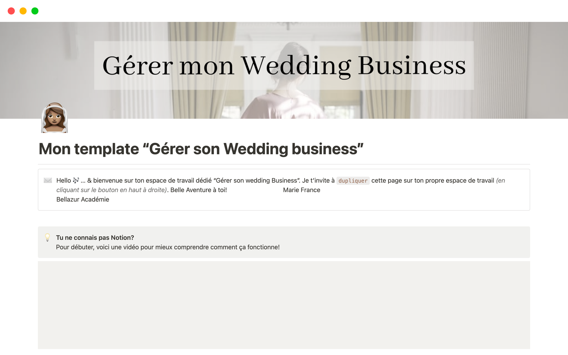 En forhåndsvisning av mal for Mon template “Gérer son Wedding business”