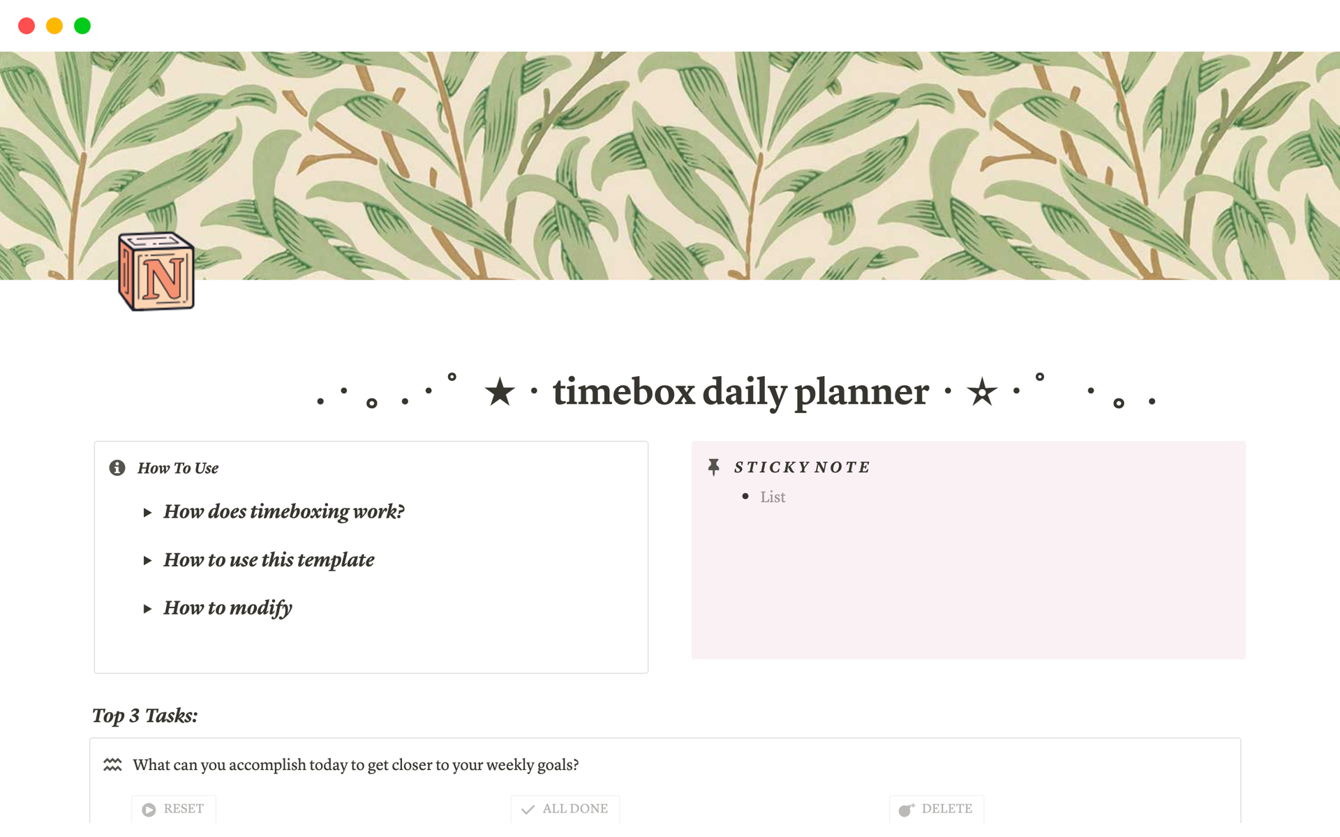 A template preview for timebox daily planner