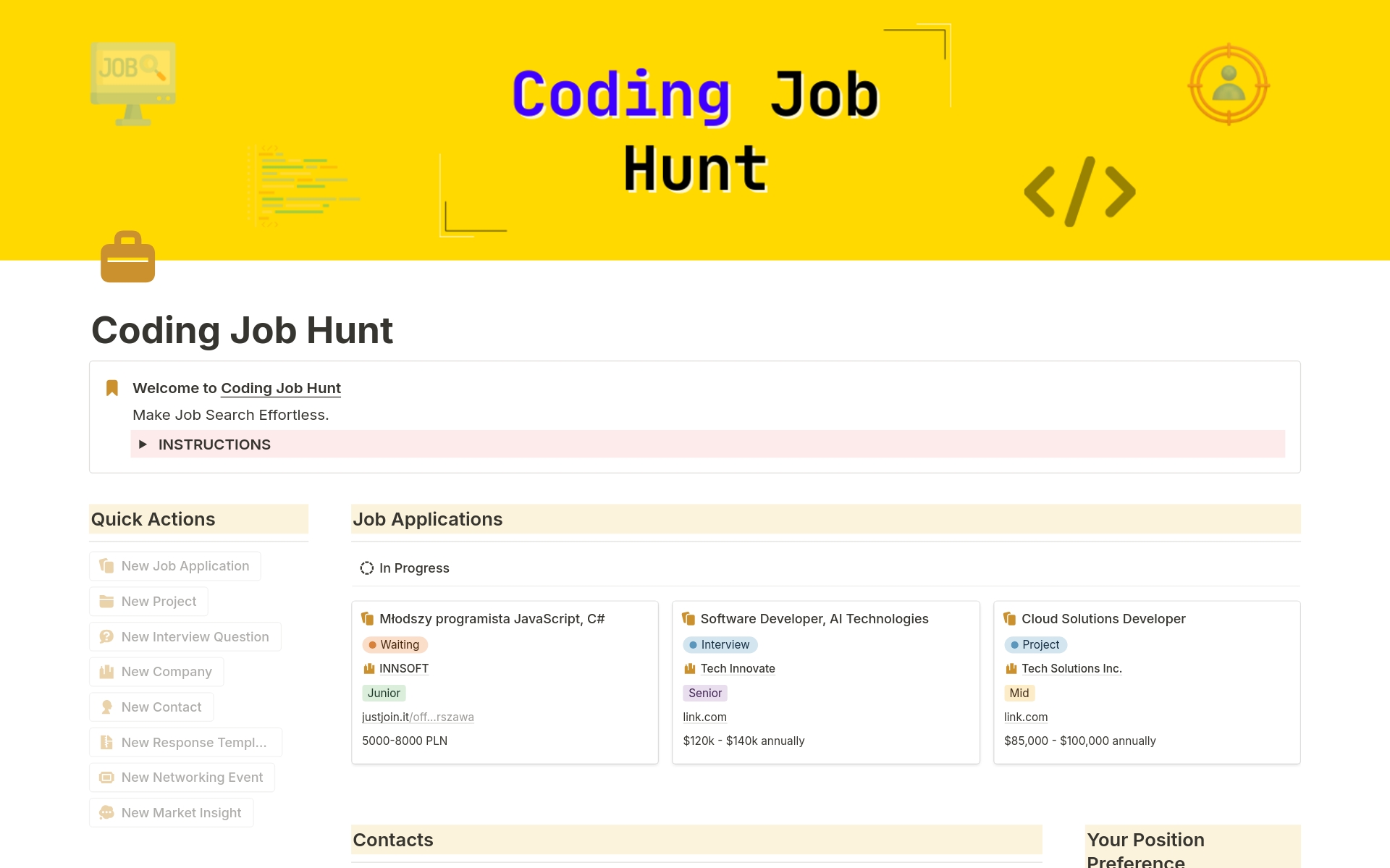 Make Job Search Effortless. Do you want to keep everything organized to make your coding job search effortless? Presenting you Coding Job Hunt. An Ultimate solution for tracking everything in one place.