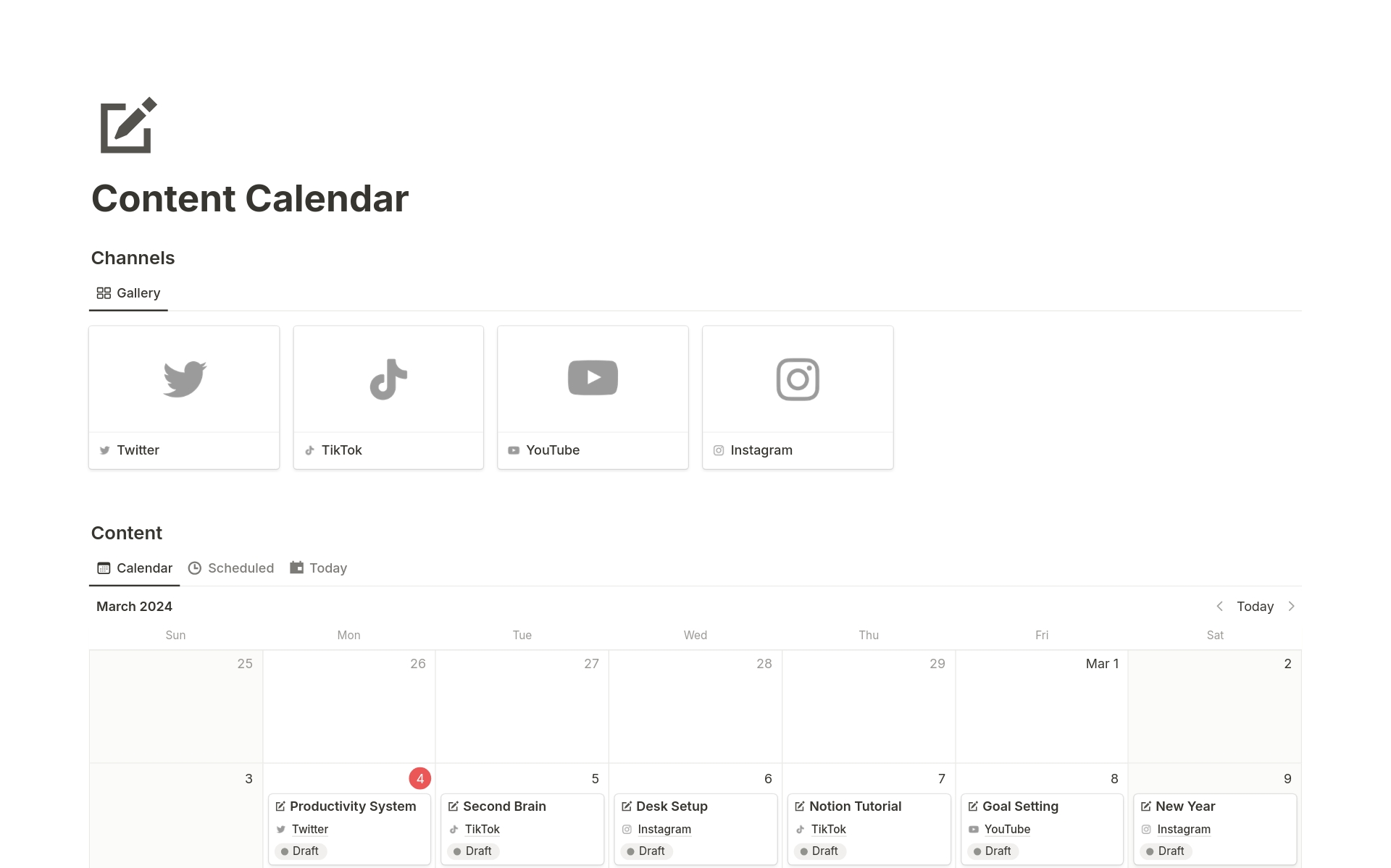 Vista previa de plantilla para Content Calendar