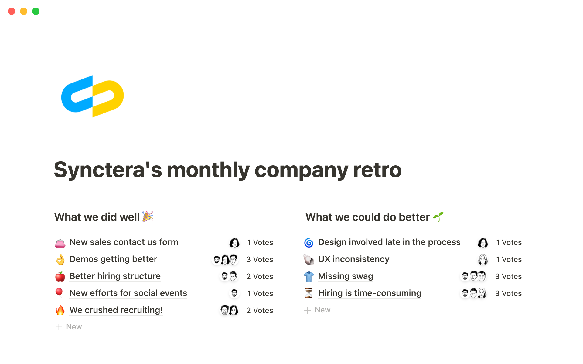A template preview for Synctera's monthly company retro