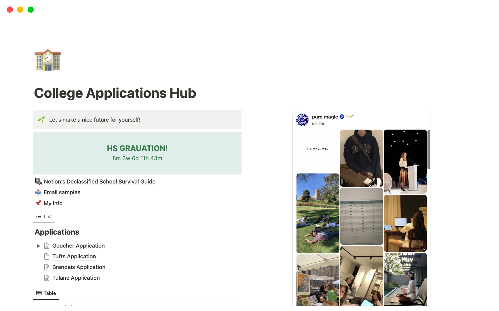 Uma prévia do modelo para College Applications Hub