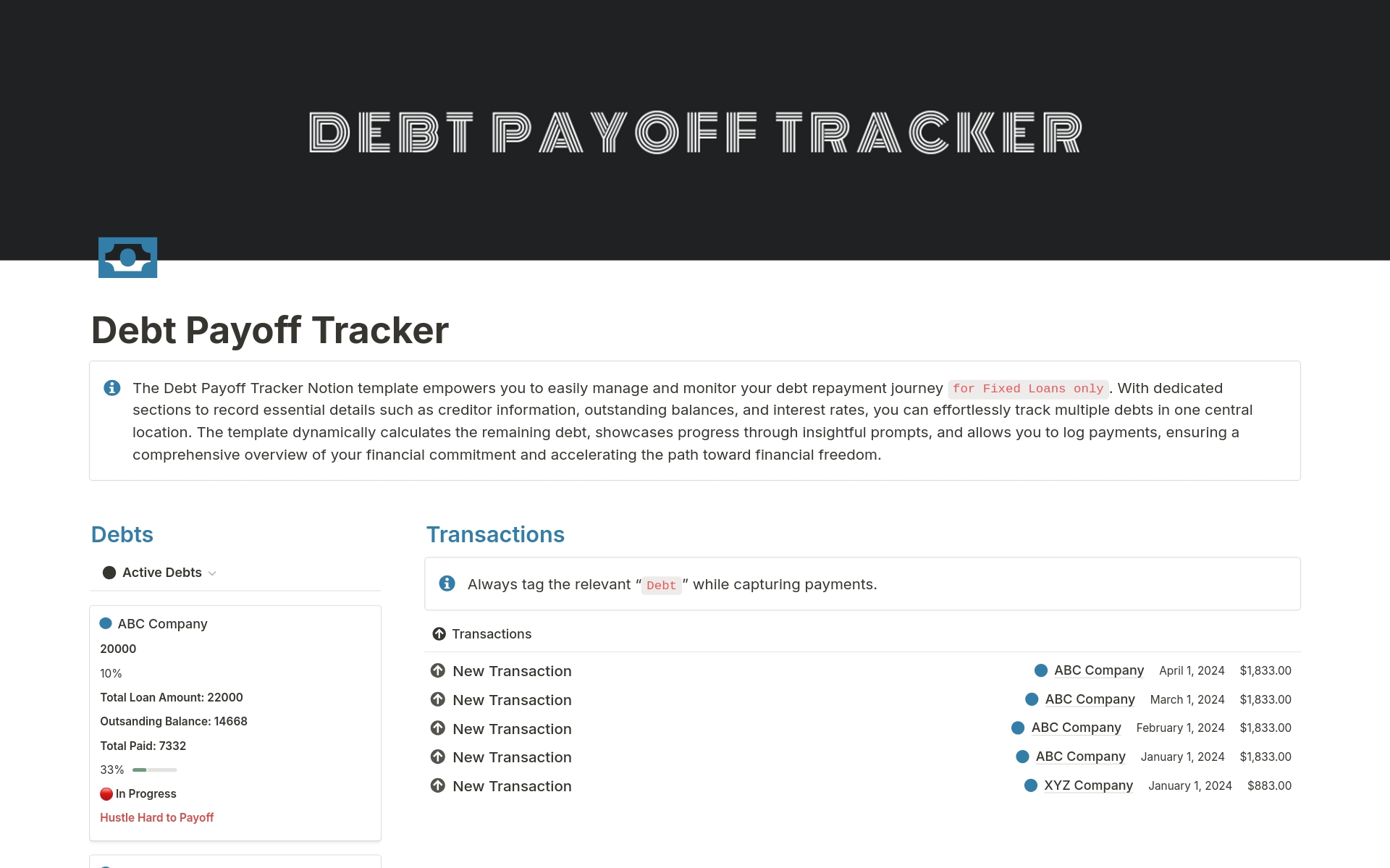 Uma prévia do modelo para Debt Payoff Tracker