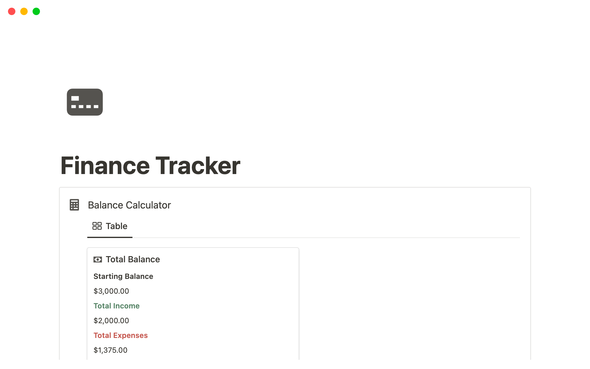 Vista previa de una plantilla para Notion Finance Tracker