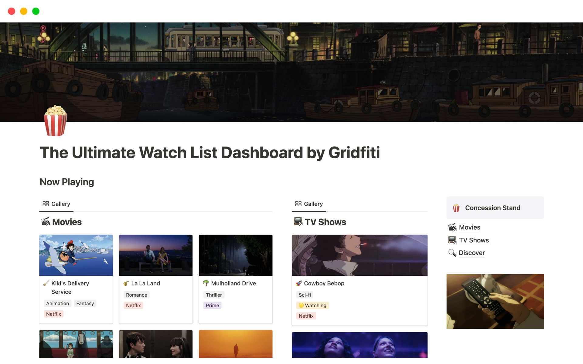 A template preview for The Ultimate Watch List Dashboard by Gridfiti