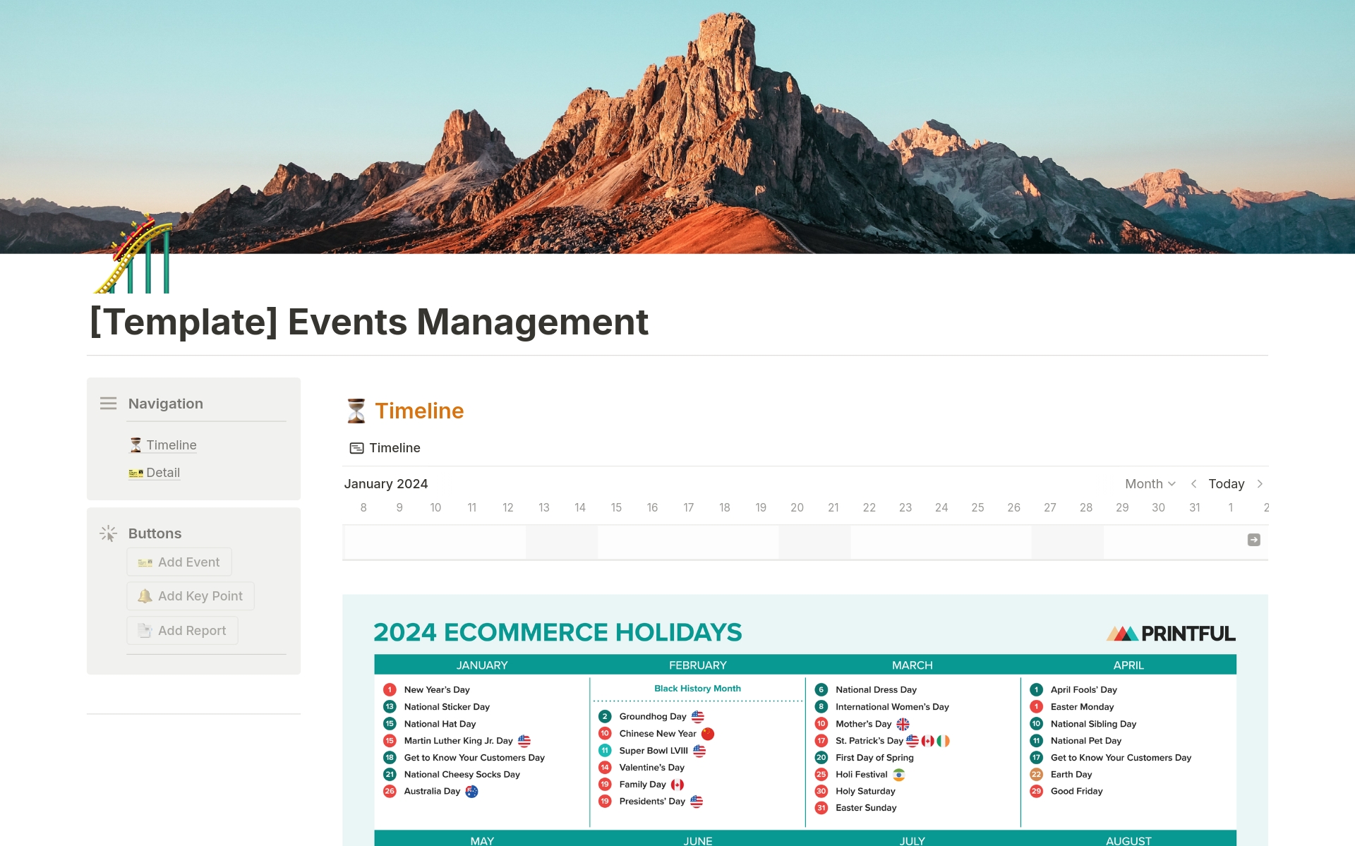 A template preview for Event Management with Timeline