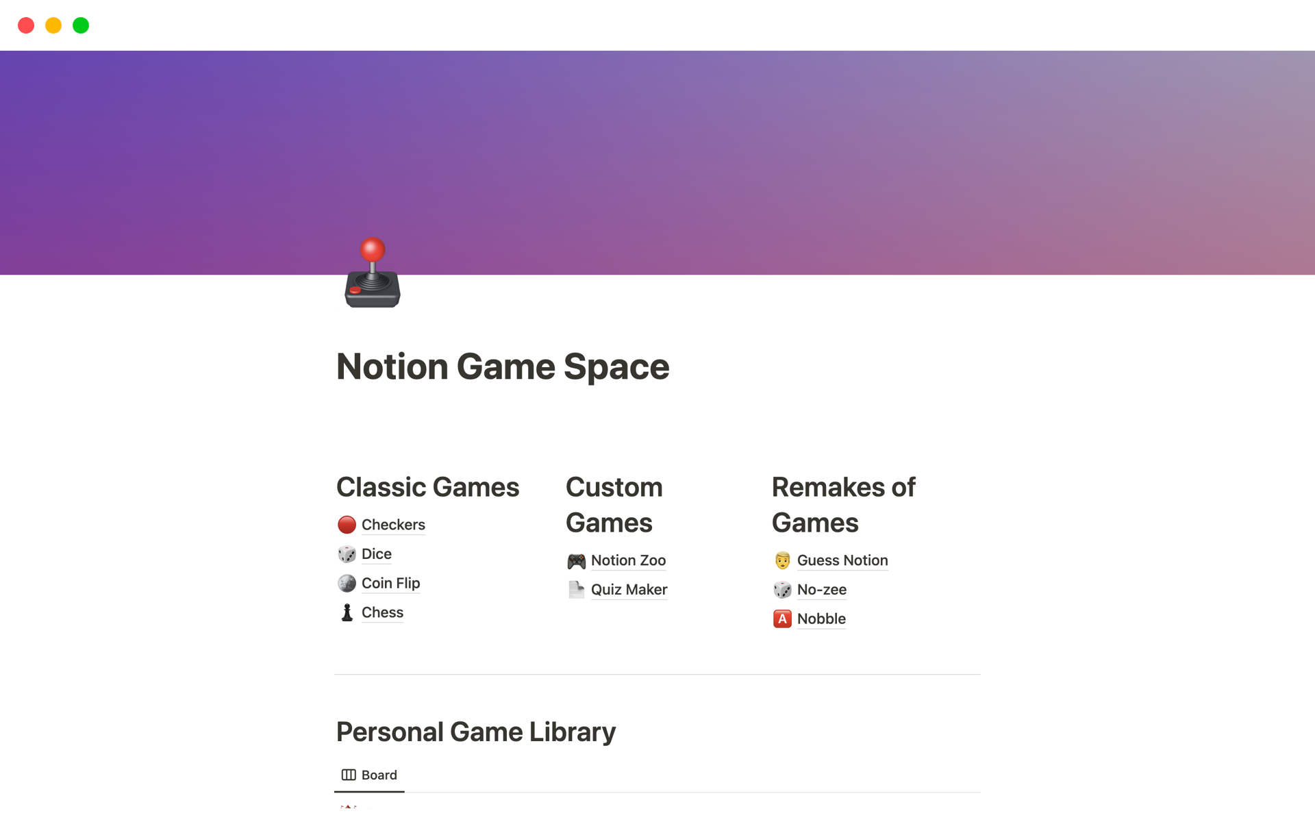 Aperçu du modèle de Notion Game Space