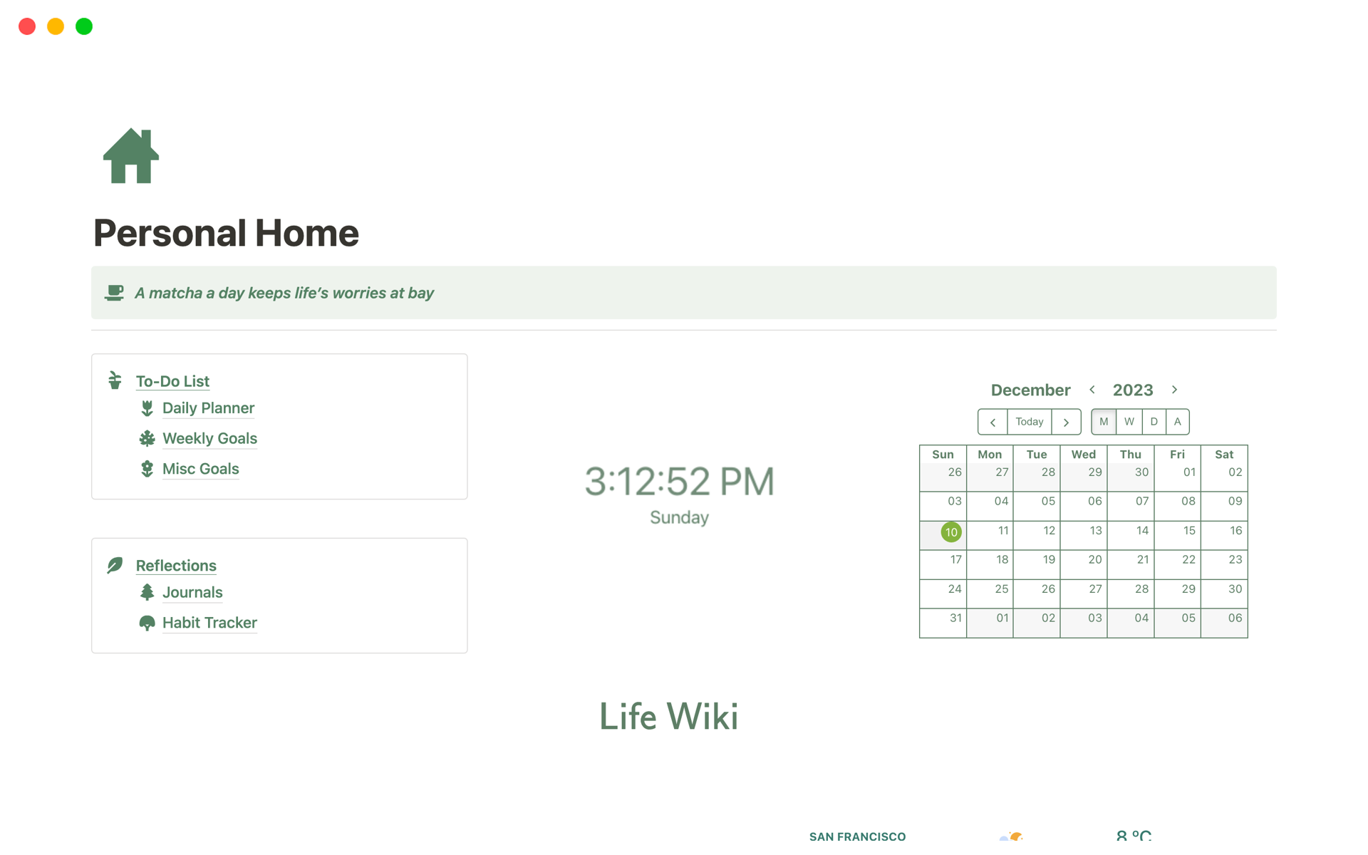 A template preview for Simple Green Personal Home Dashboard