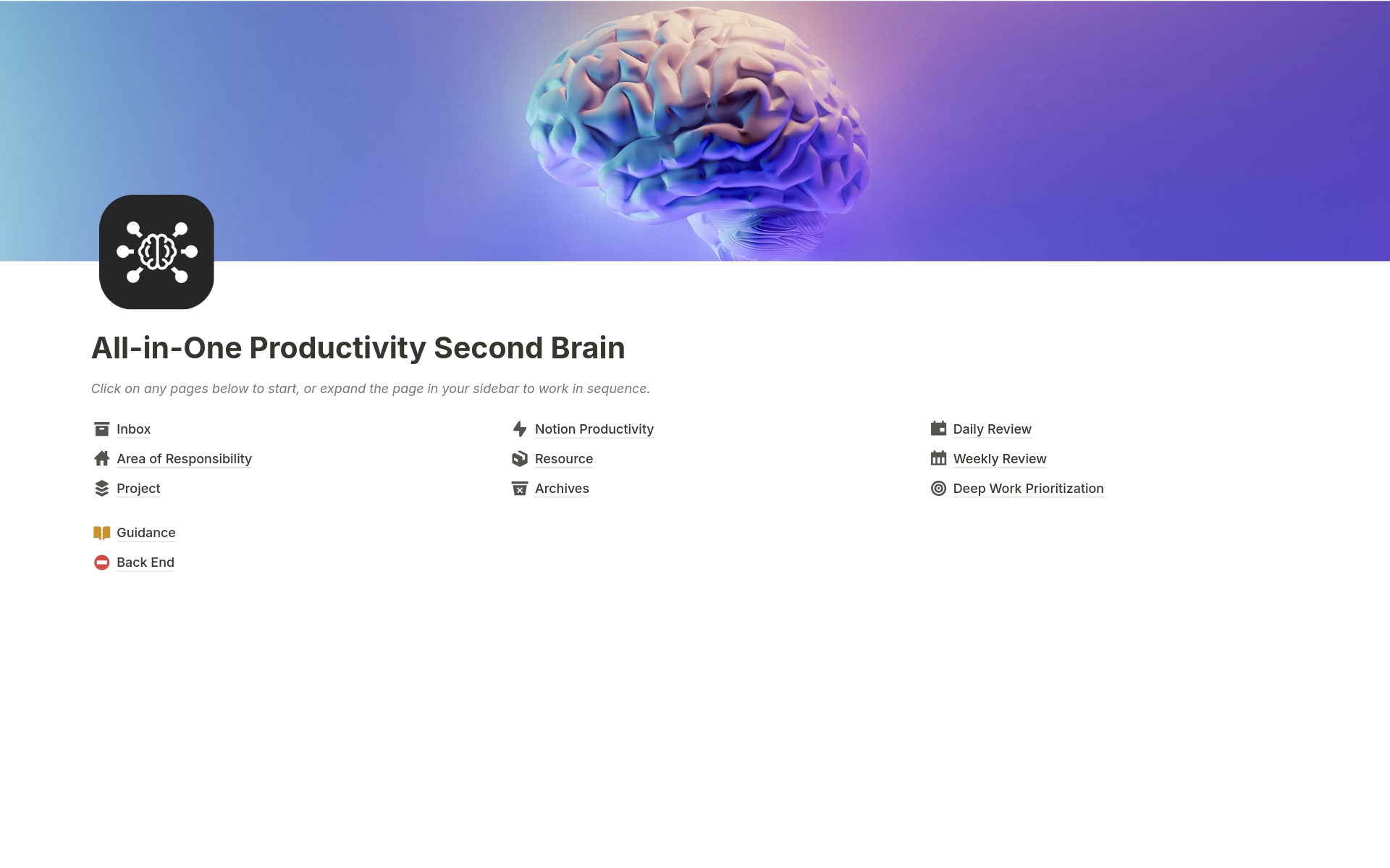 A template preview for All-in-One Productivity Second Brain