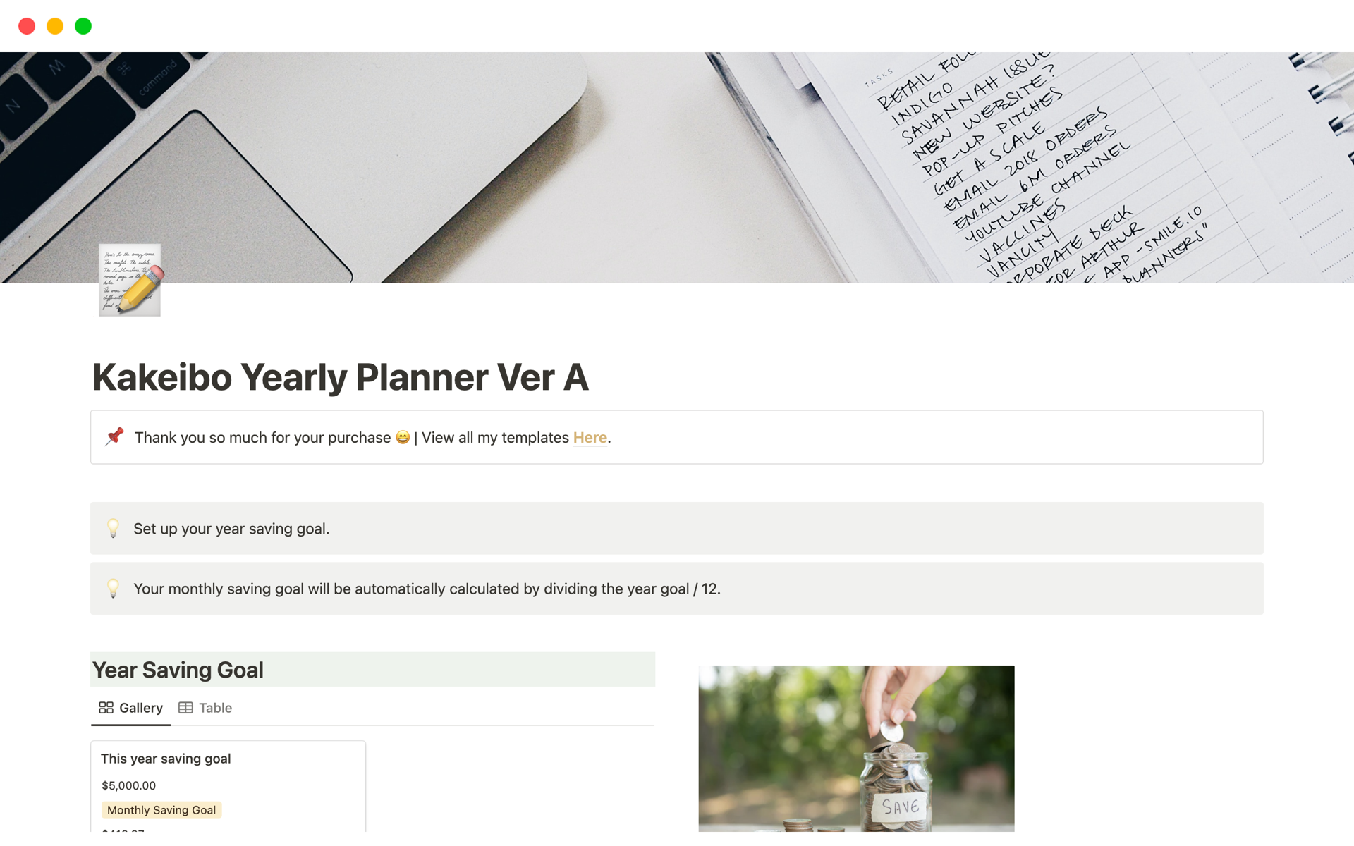 A template preview for Kakeibo Yearly Planner