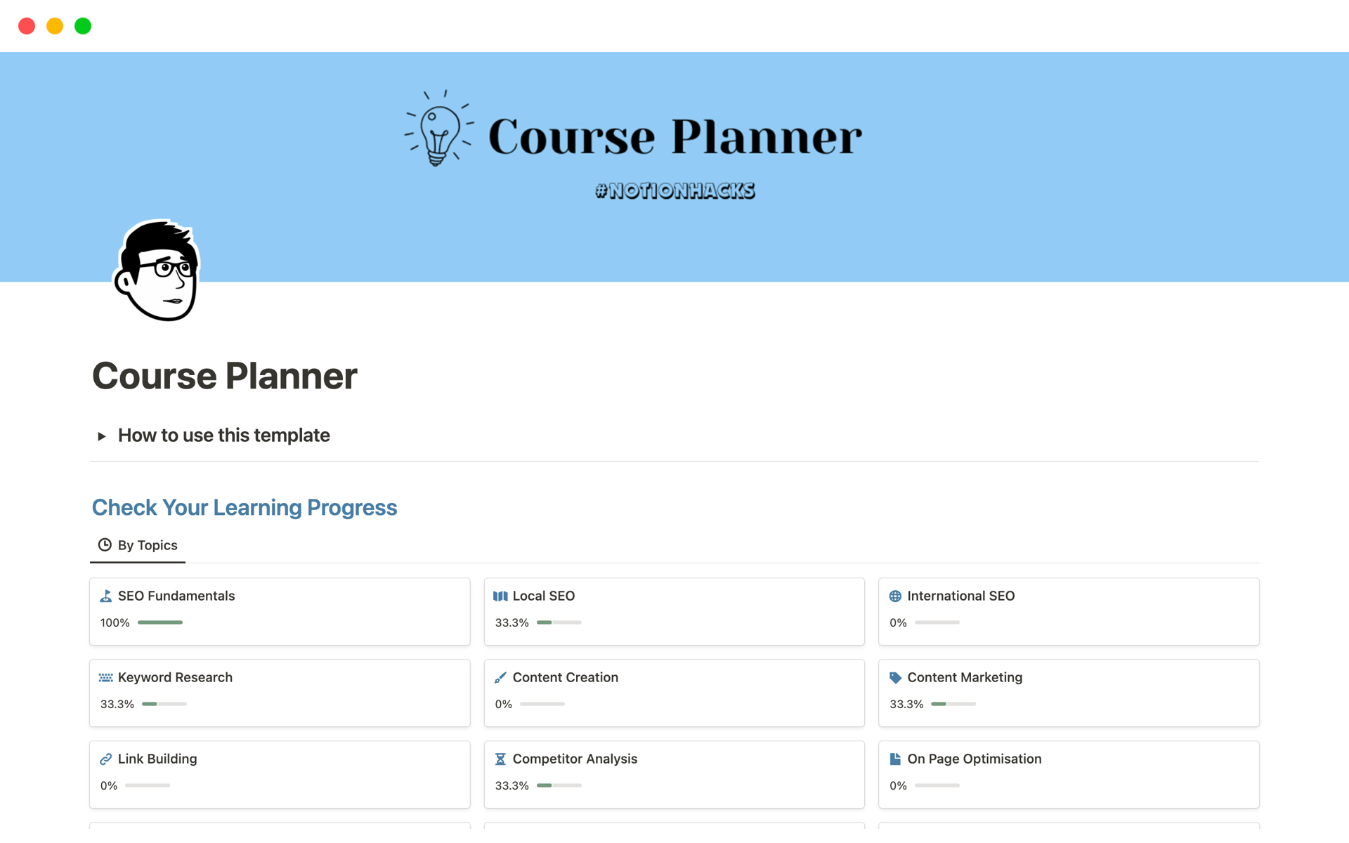 A template preview for Course Planner, Schedule & Learning Progress