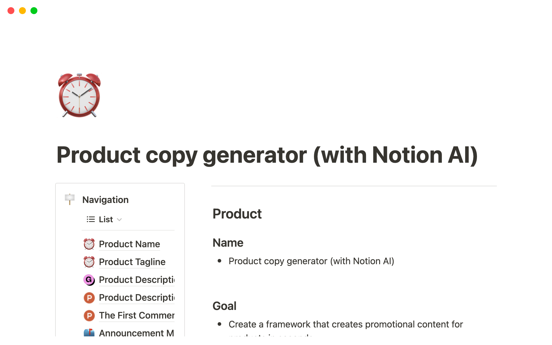 A template preview for Product copy generator (with Notion AI)