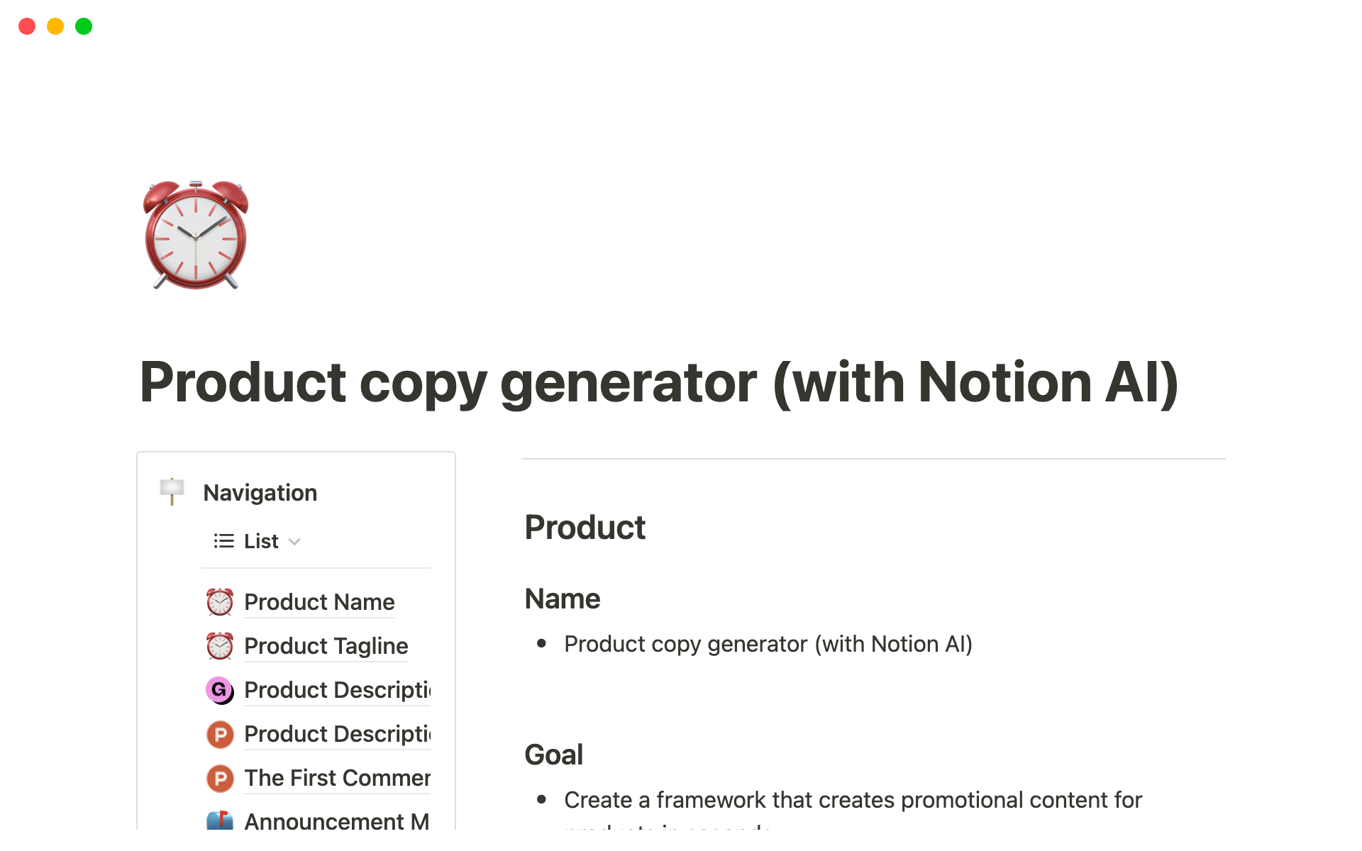 Eine Vorlagenvorschau für Product copy generator (with Notion AI)