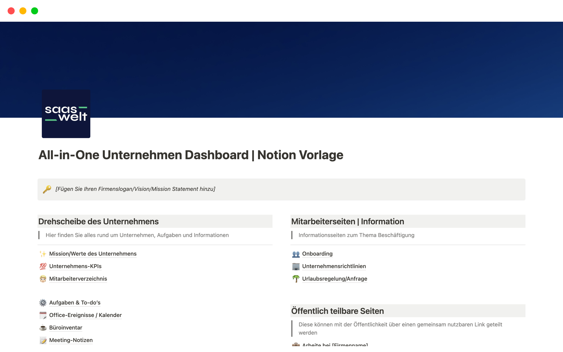 A template preview for All-in-One Unternehmen Dashboard | Notion Vorlage