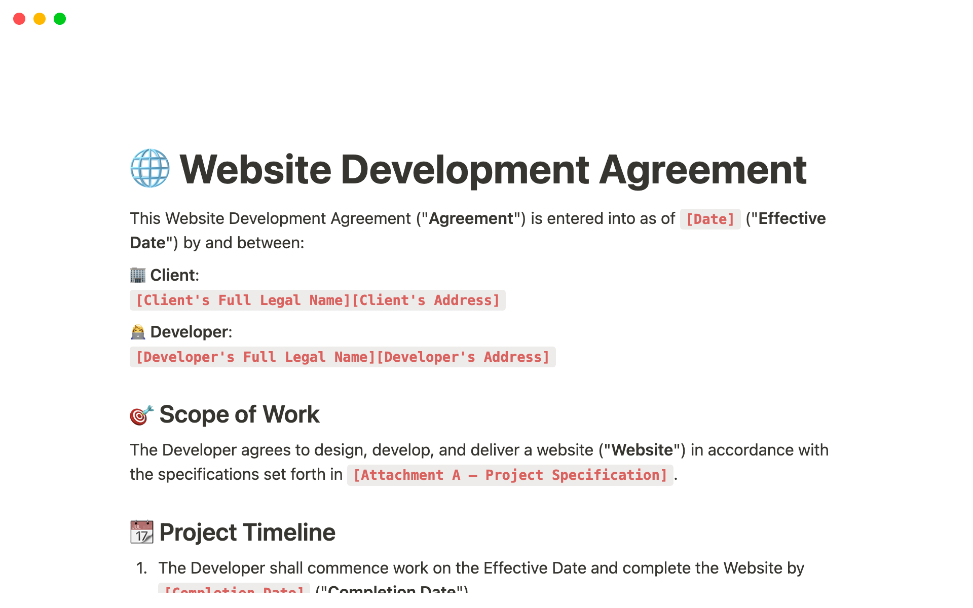 Vista previa de una plantilla para Website Development Agreement
