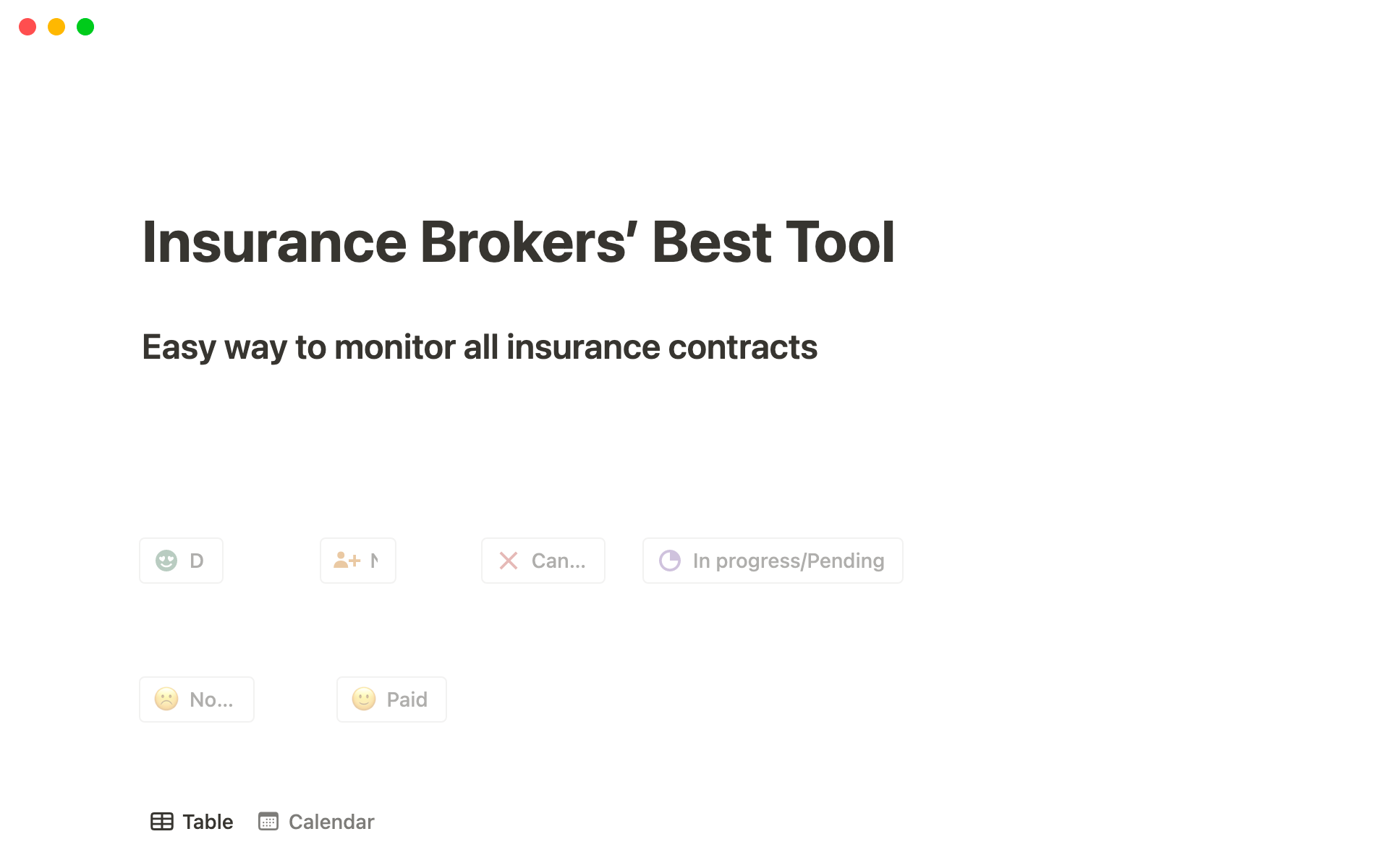 Insurance Brokers’ Best Tool / Easy way to monitor insurance contracts.  
As an Insurance Broker, you can easily import all of your insurance contracts renewals from a CSV file.
Track the status of each of your customers (new, done, in progress, pending, canceled)