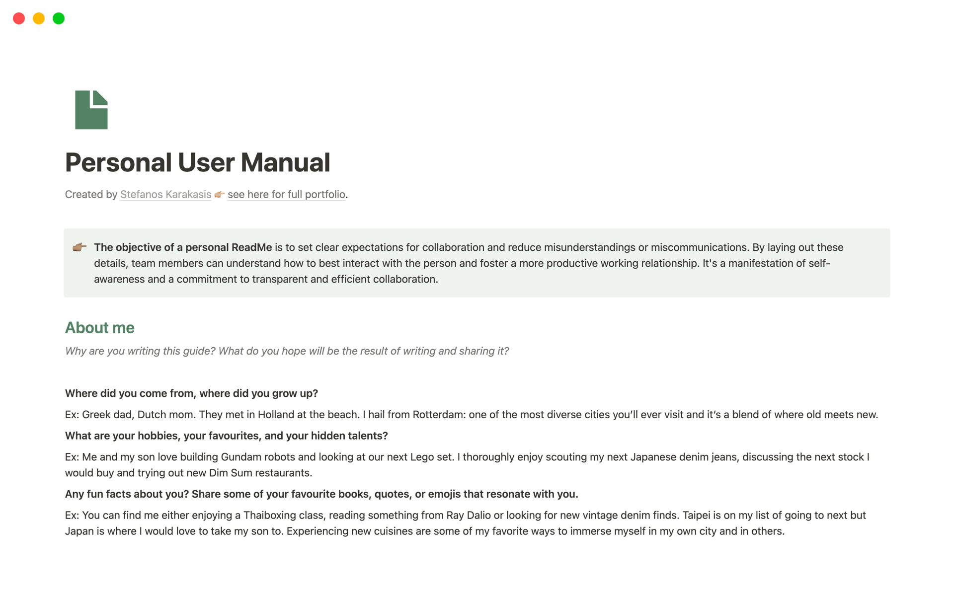 Eine Vorlagenvorschau für Personal User Manual