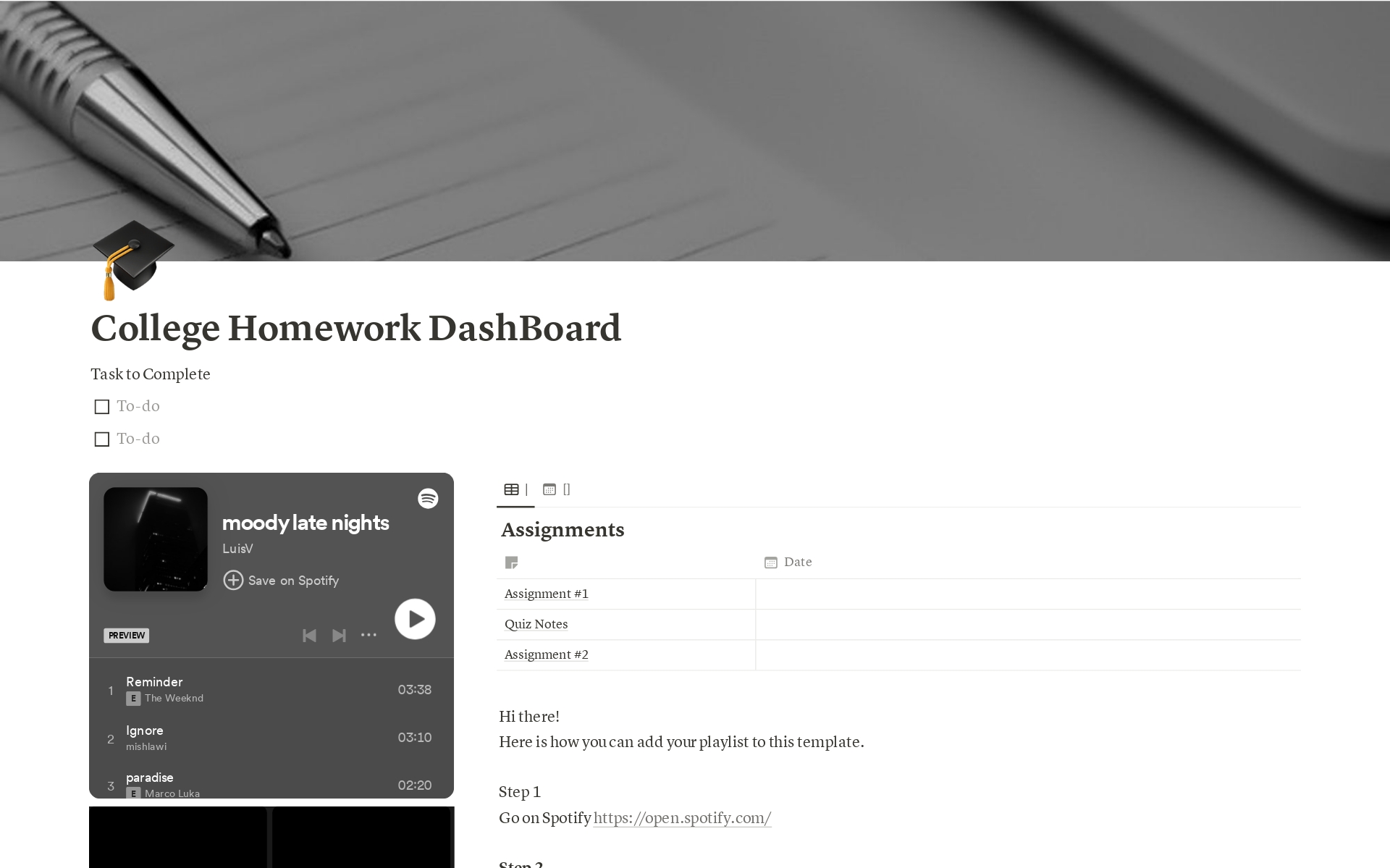 A template preview for Minimal College Work Dashboard 