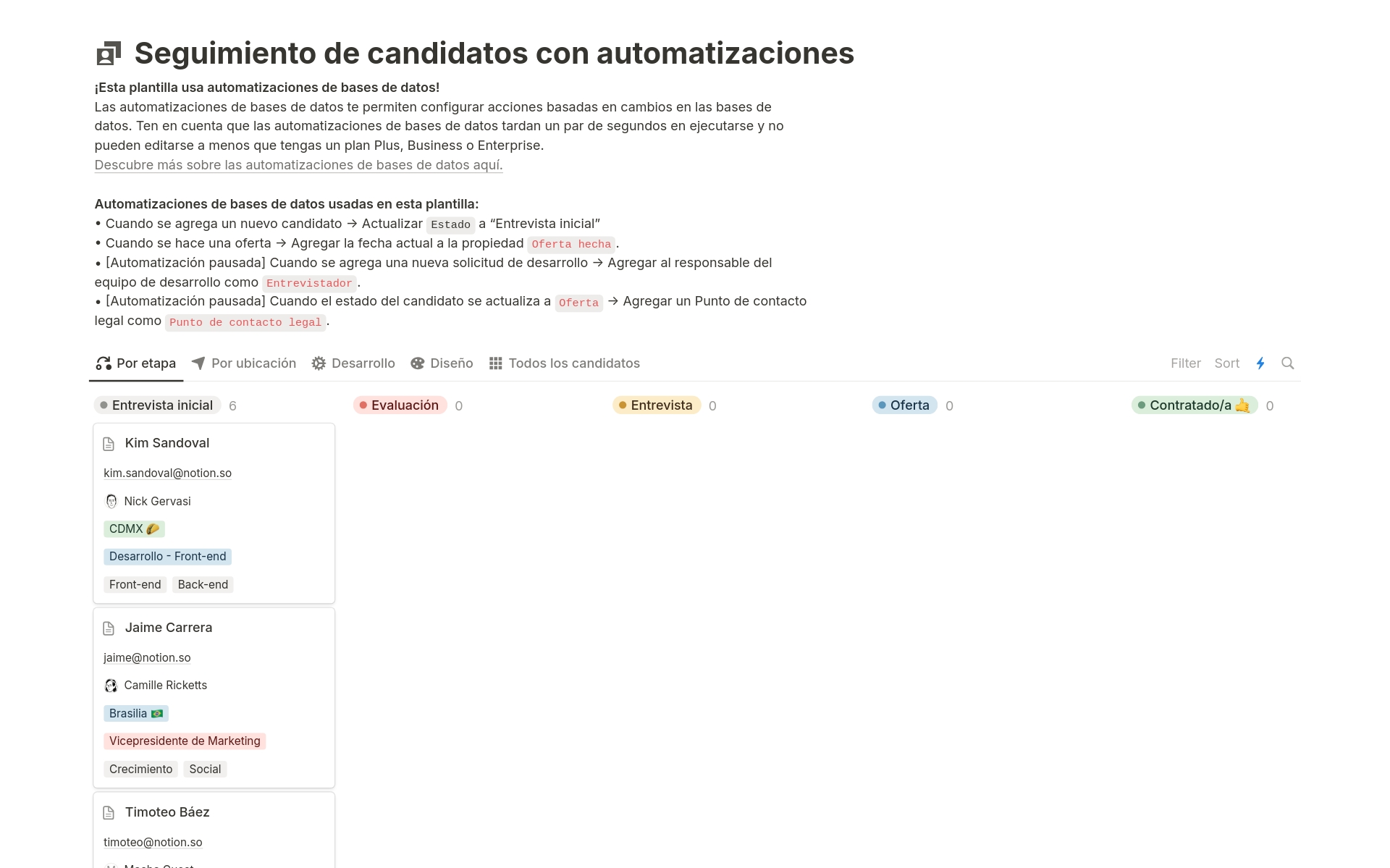 Vista previa de una plantilla para Seguimiento de candidatos con automatizaciones