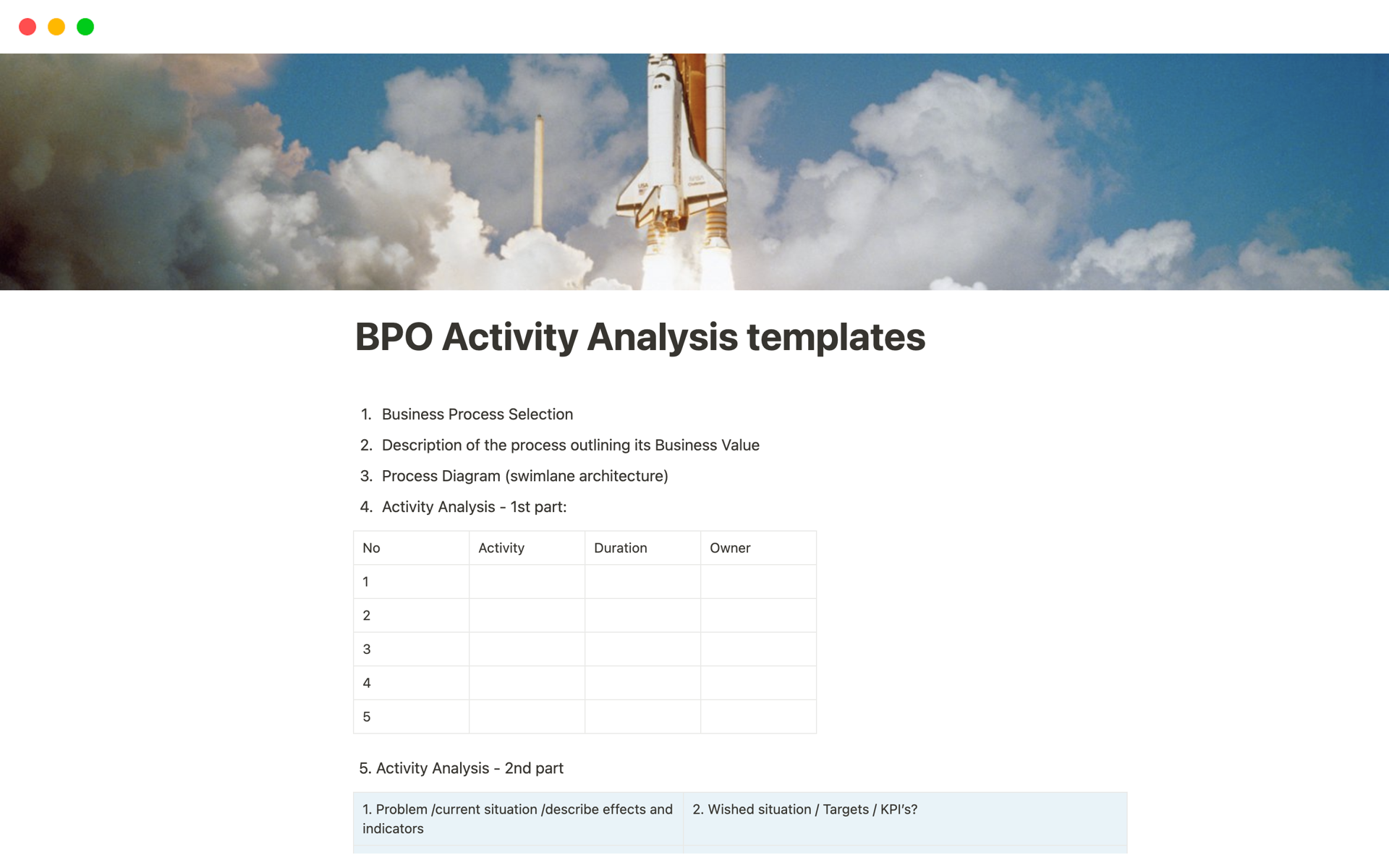 A template preview for Business Process Optimisation Canvas