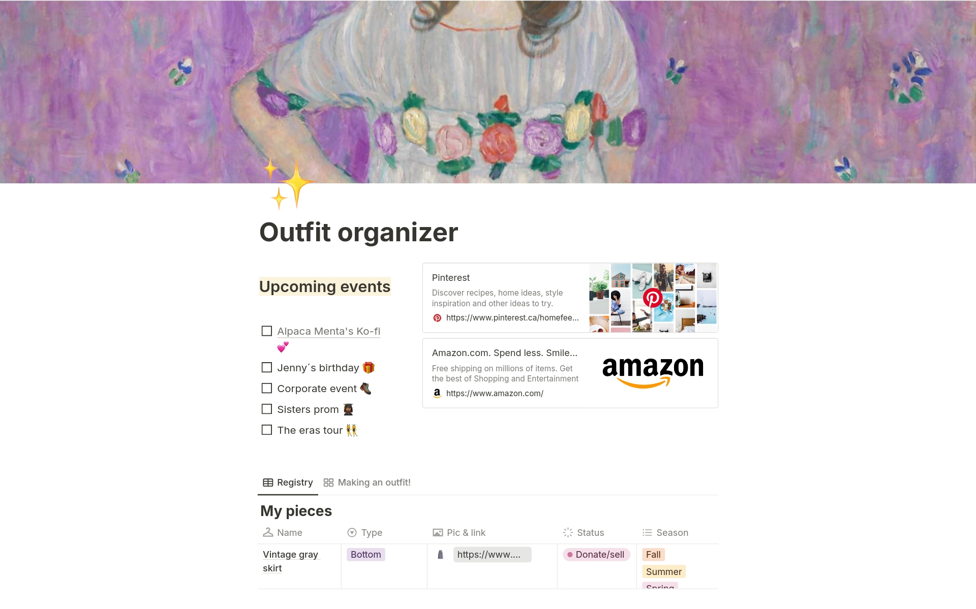 A template preview for Outfit organizer
